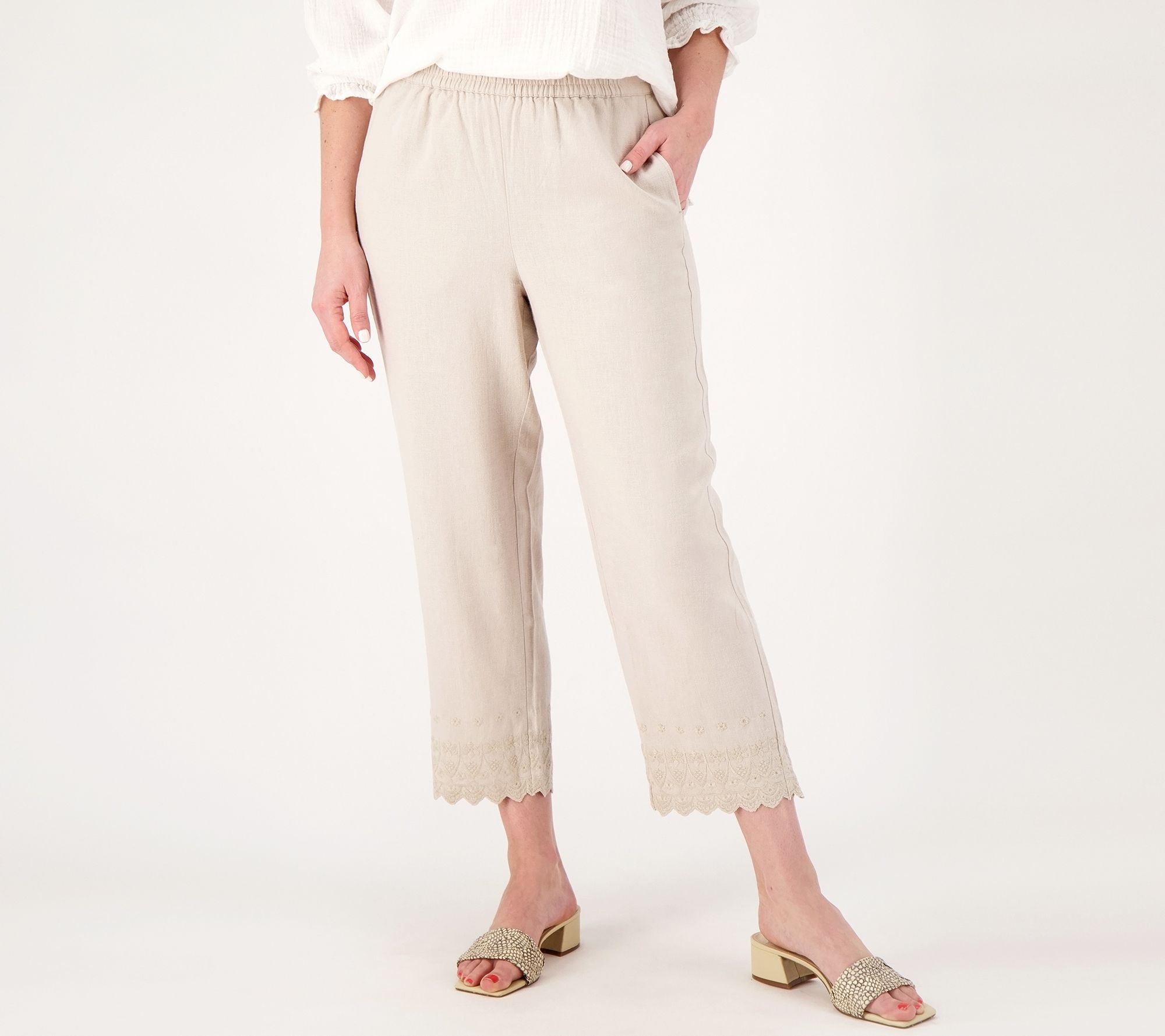 "As Is" Susan Graver PURE Linen Reg Pull- On Embroidered Hem Crop Pants