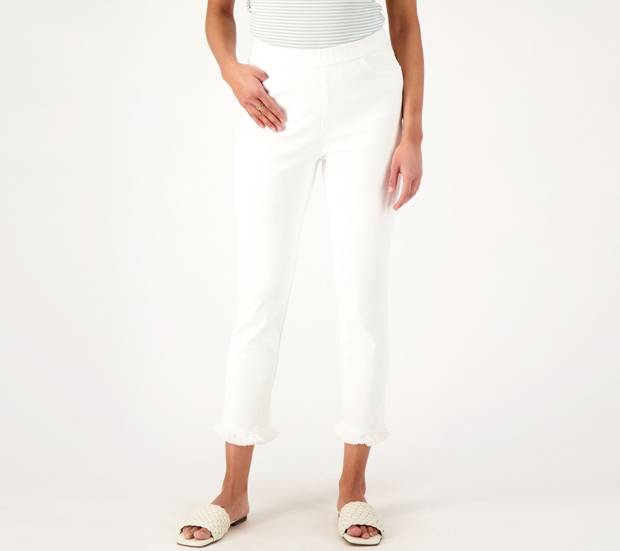 "As Is" Isaac Mizrahi Live Petite Knit Denim Crop Jean with Fringe