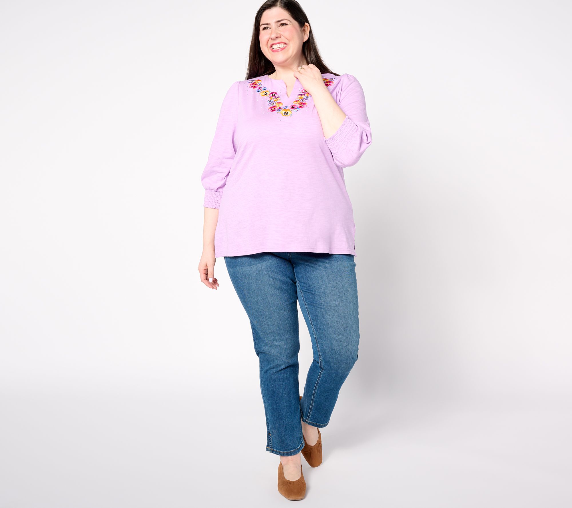 Quacker Factory Pansy Bouquet Split Neck 3/4 Sleeve Top