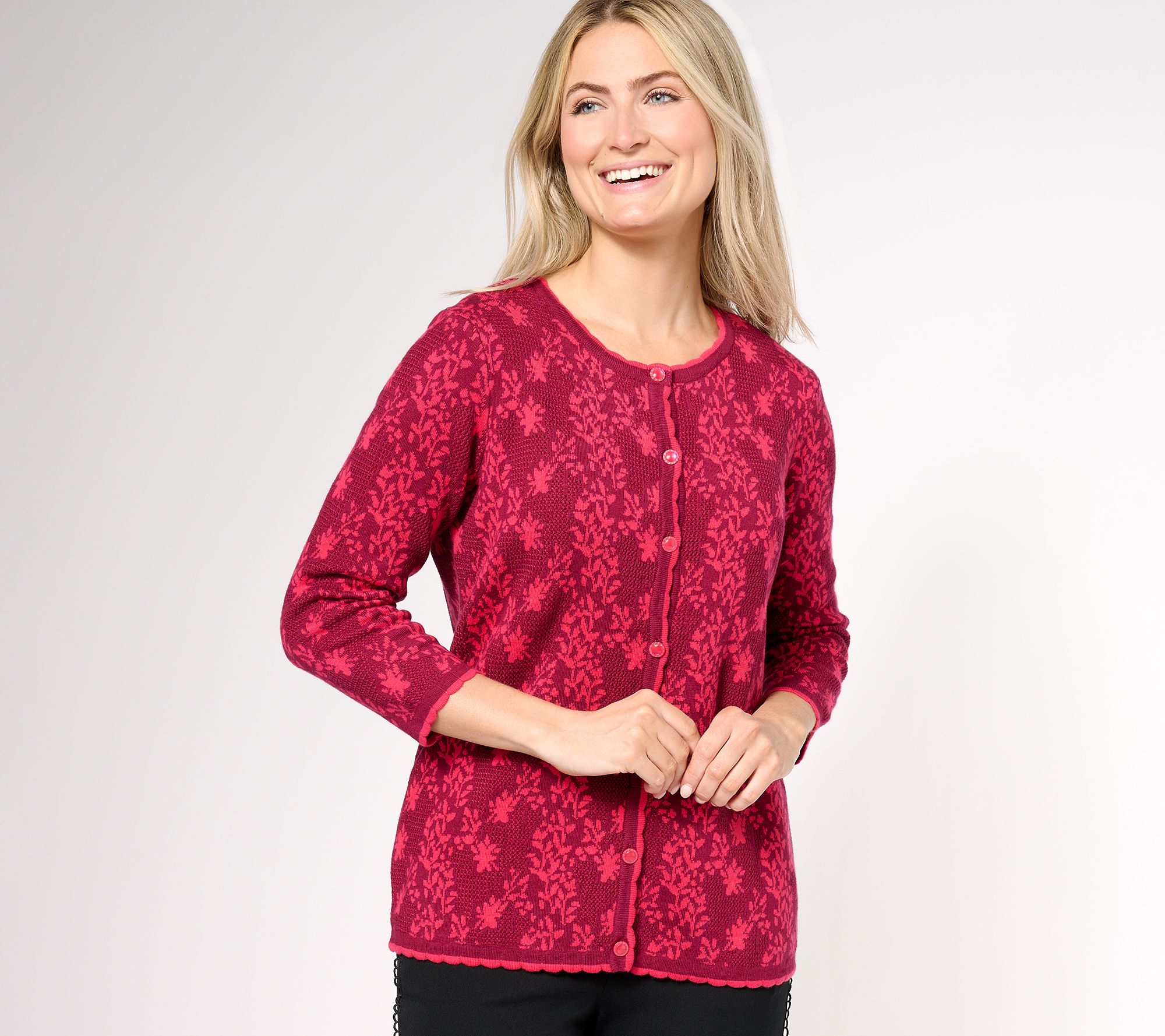 "As Is" Issac Mizrahi Live! 3/4 Sleeve Floral Jacquard Cardigan