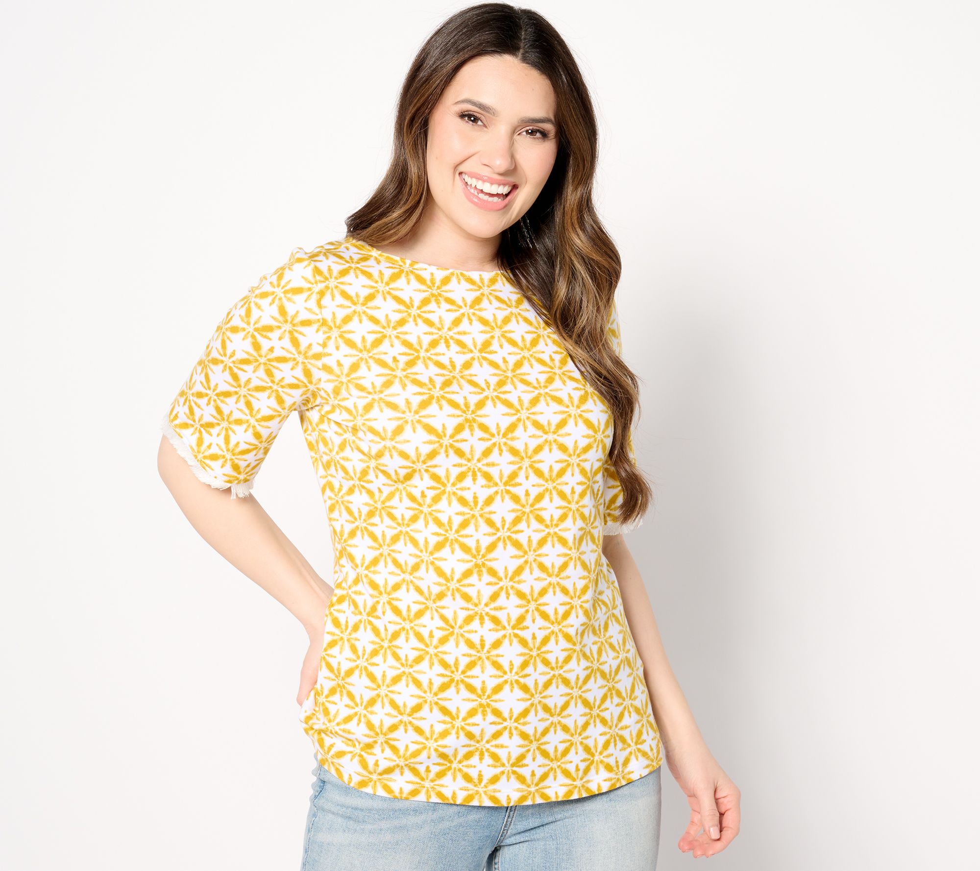 Denim & Co. Printed Favorite Jersey Boat Neck Top w/ Fringe