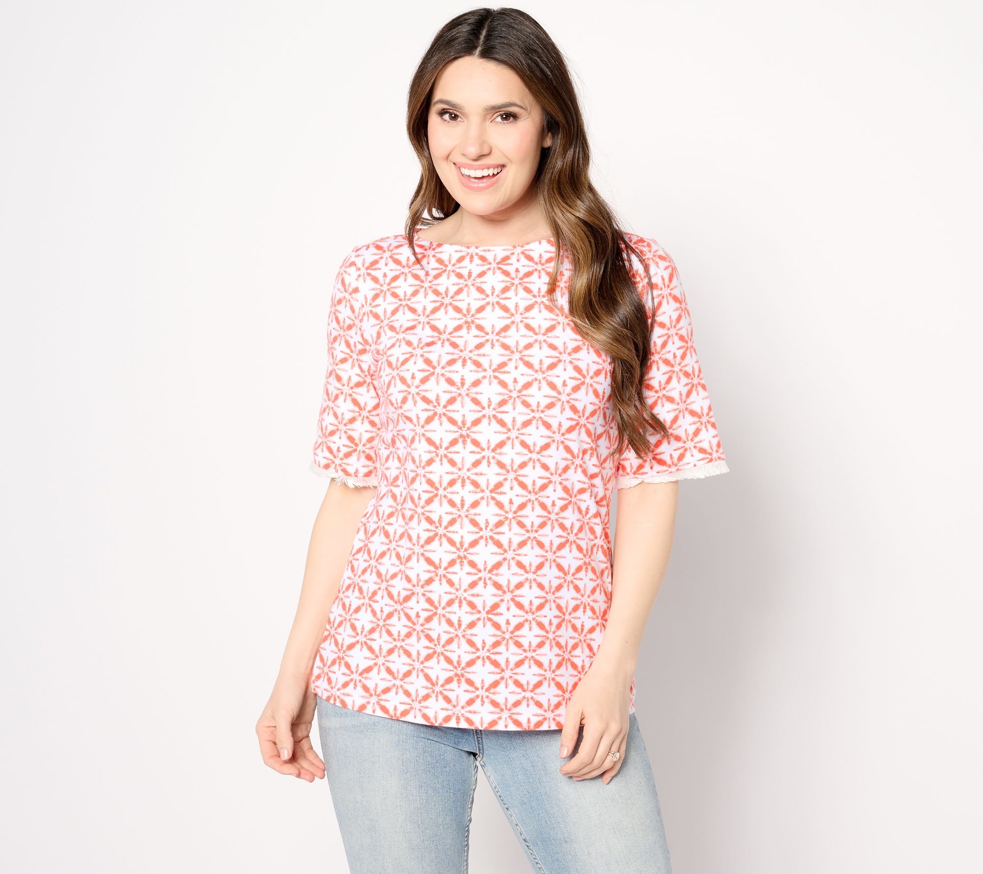 Denim & Co. Printed Favorite Jersey Boat Neck Top w/ Fringe