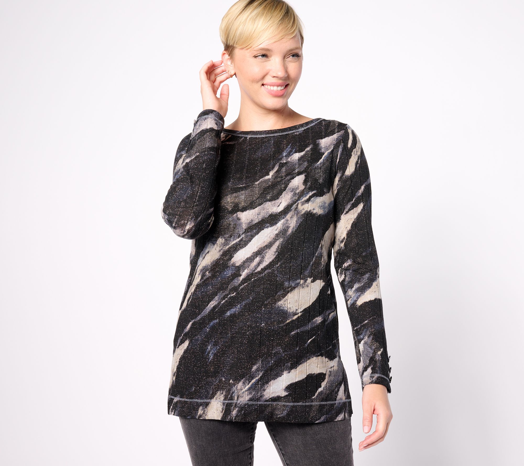 "As Is" Susan Graver Weekend Petite Metallic Knit Button Detailed Tunic