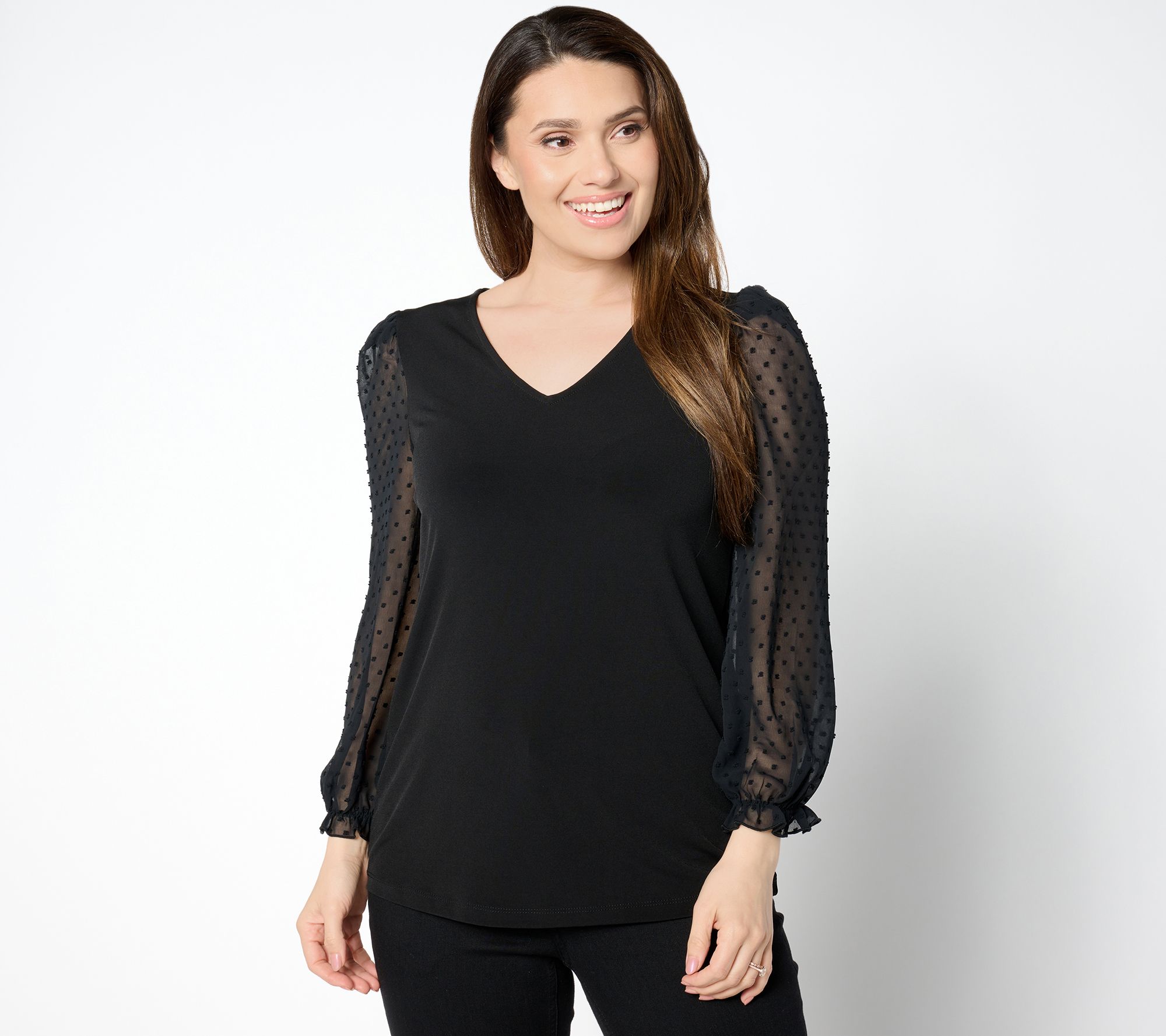 Susan Graver Occasions Liquid Knit V-Neck Top with Novelty Sleeves