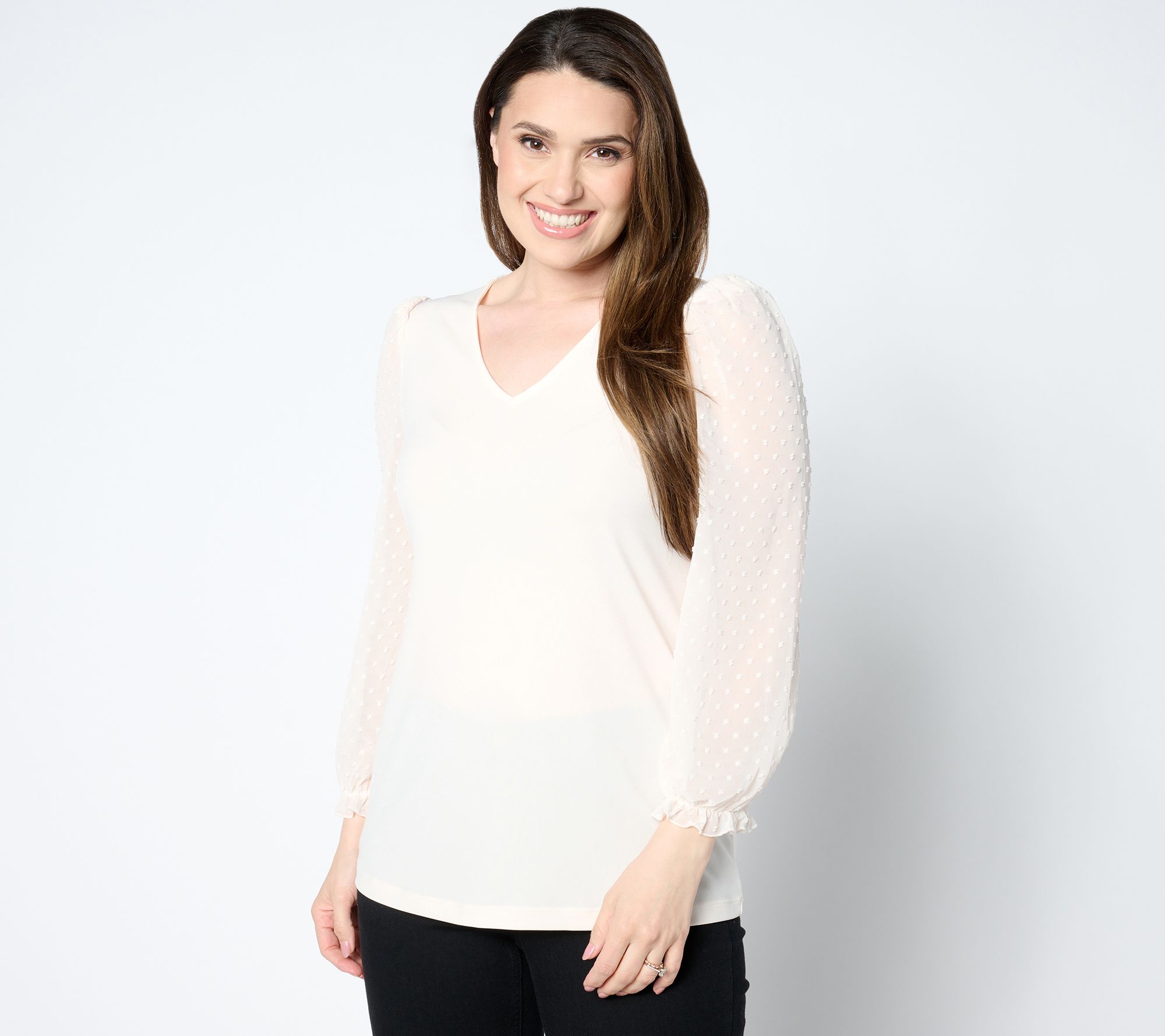 Susan Graver Occasions Liquid Knit V-Neck Top with Novelty Sleeves