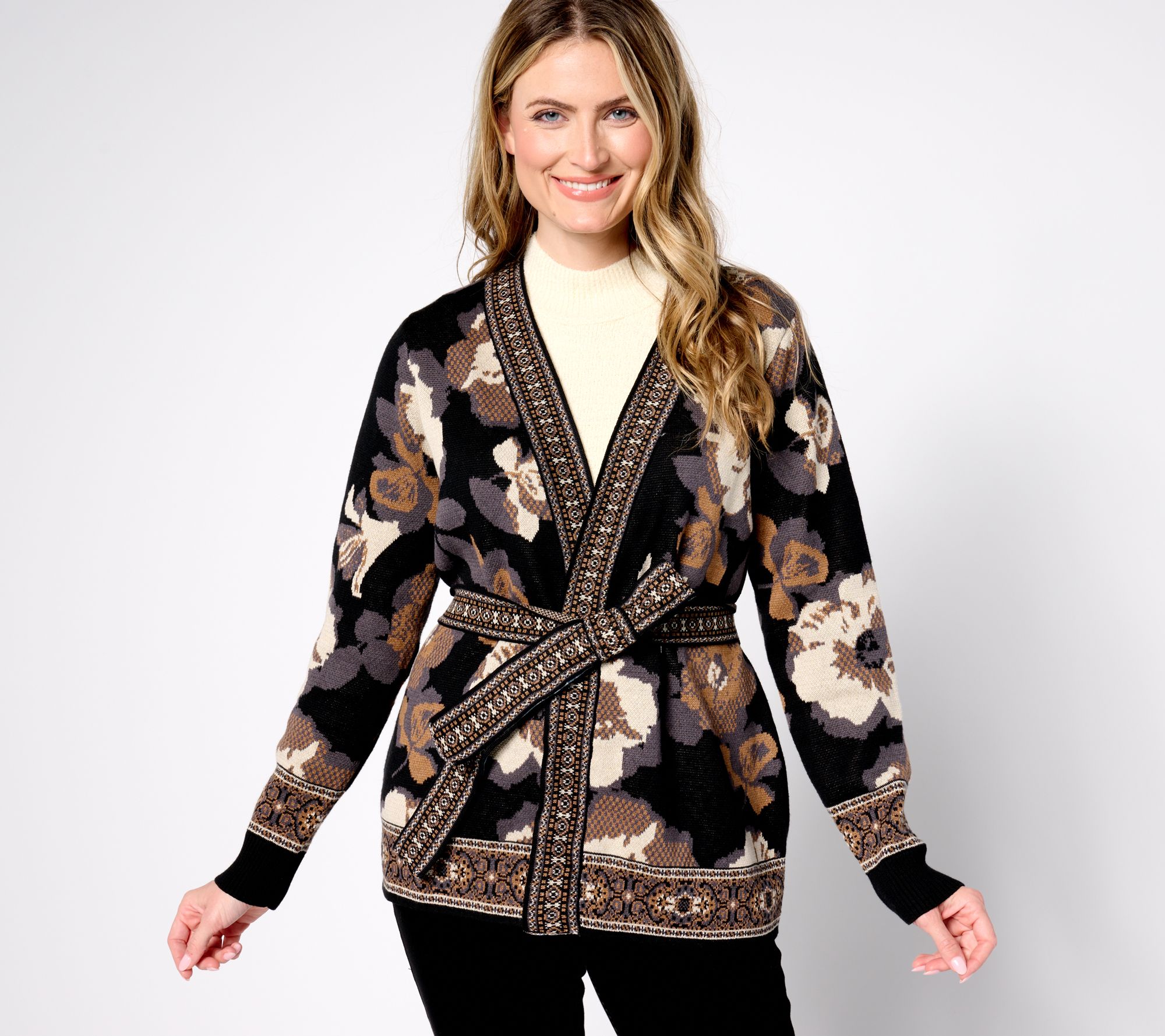 Denim & Co. Floral Jacquard Belted Cardigan - QVC.com