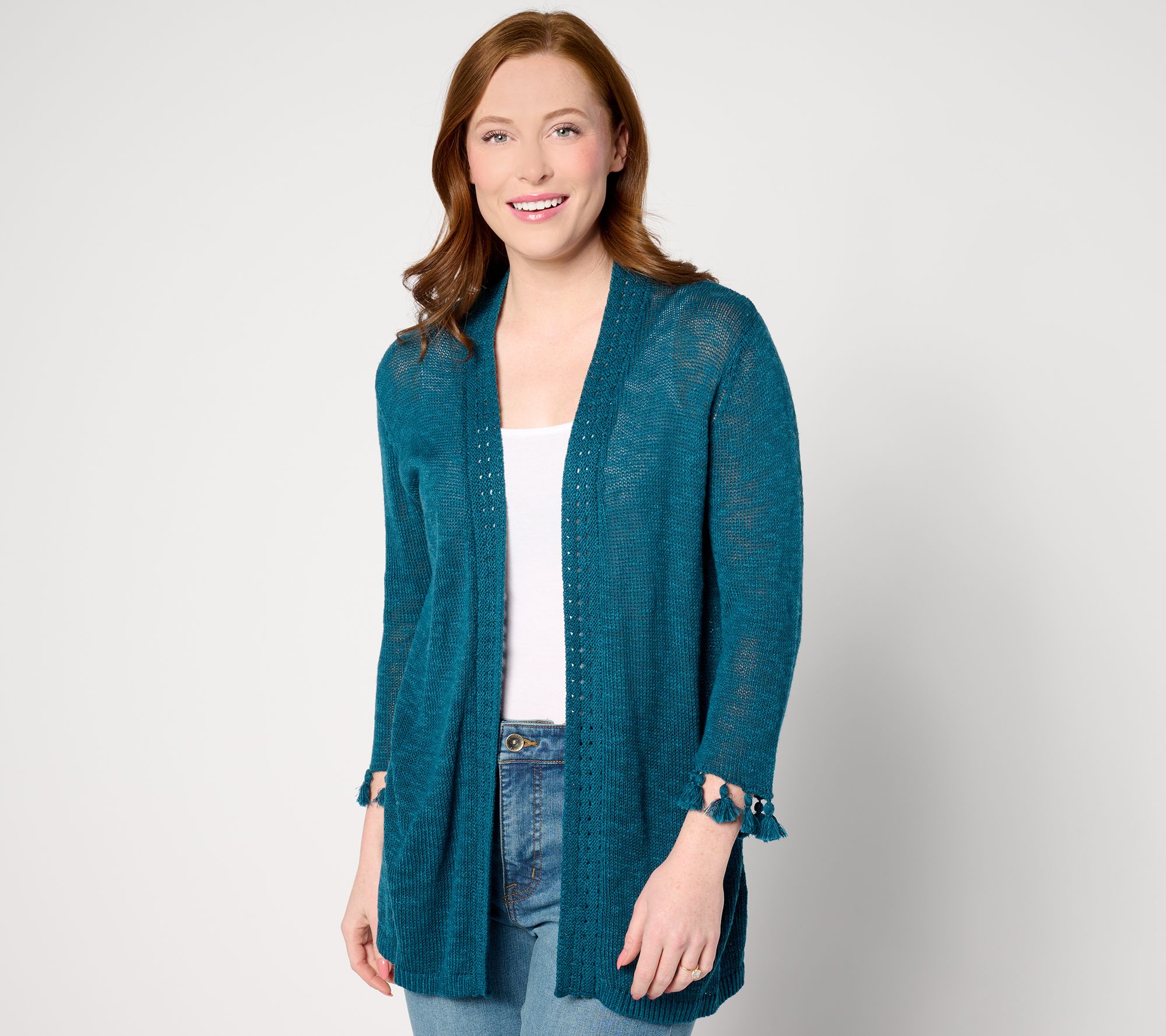 "As Is" Denim & Co. Open Front 3/4 Sleeve Cardigan with Fringe/Crochet