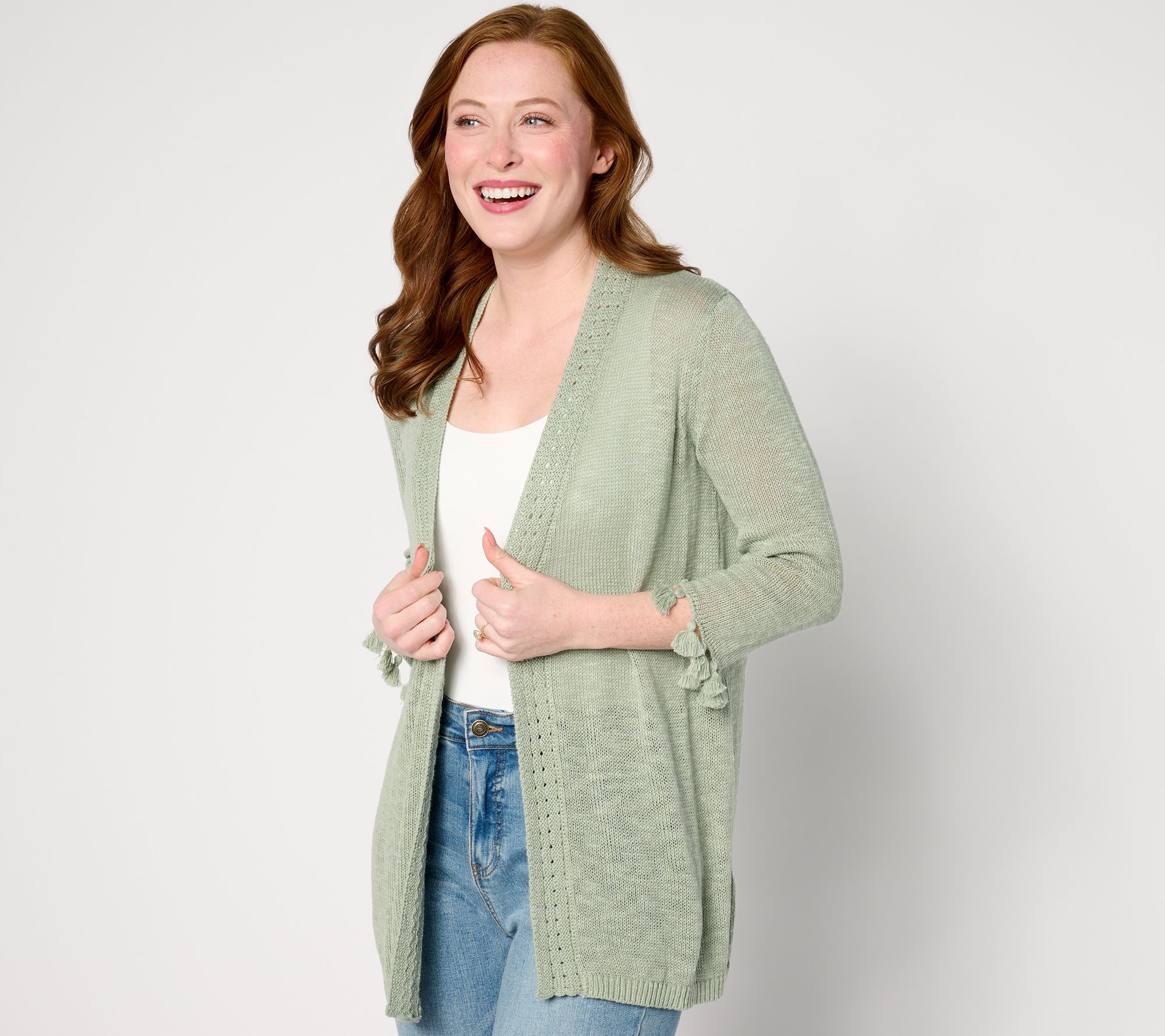 "As Is" Denim & Co. Open Front 3/4 Sleeve Cardigan with Fringe/Crochet