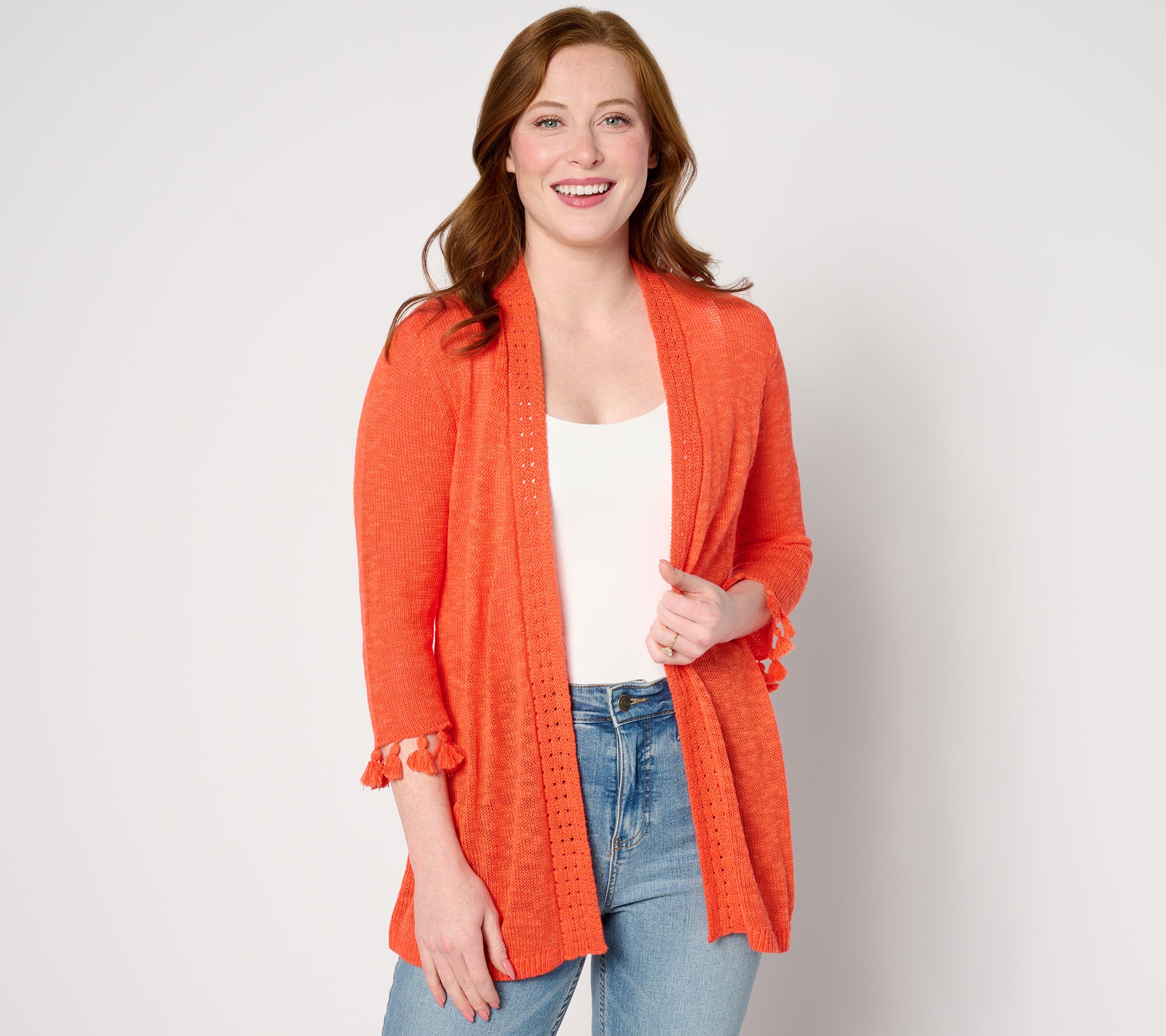 "As Is" Denim & Co. Open Front 3/4 Sleeve Cardigan with Fringe/Crochet