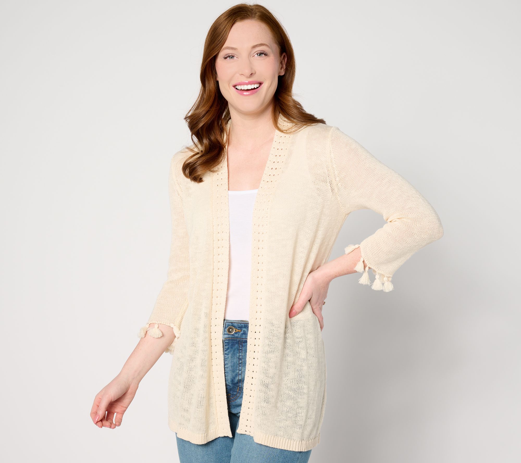 "As Is" Denim & Co. Open Front 3/4 Sleeve Cardigan with Fringe/Crochet
