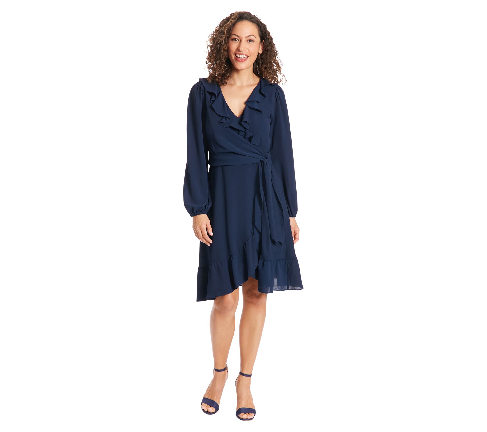 London Times Faux Wrap Ruffle Dress with Bishop Sleeves