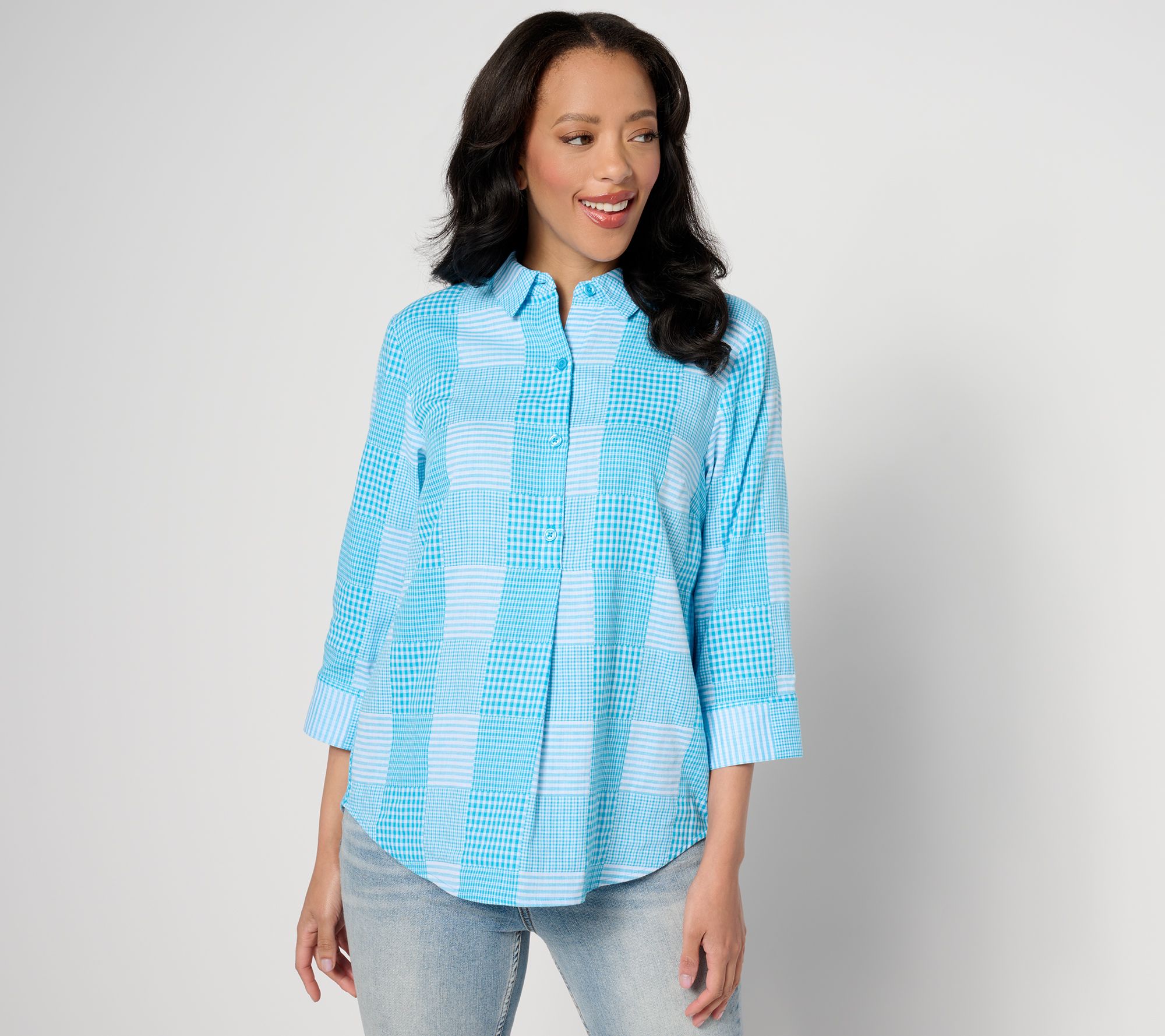 "As Is" Joan Rivers Patchwork Popover 3/4 Sleeve Shirt