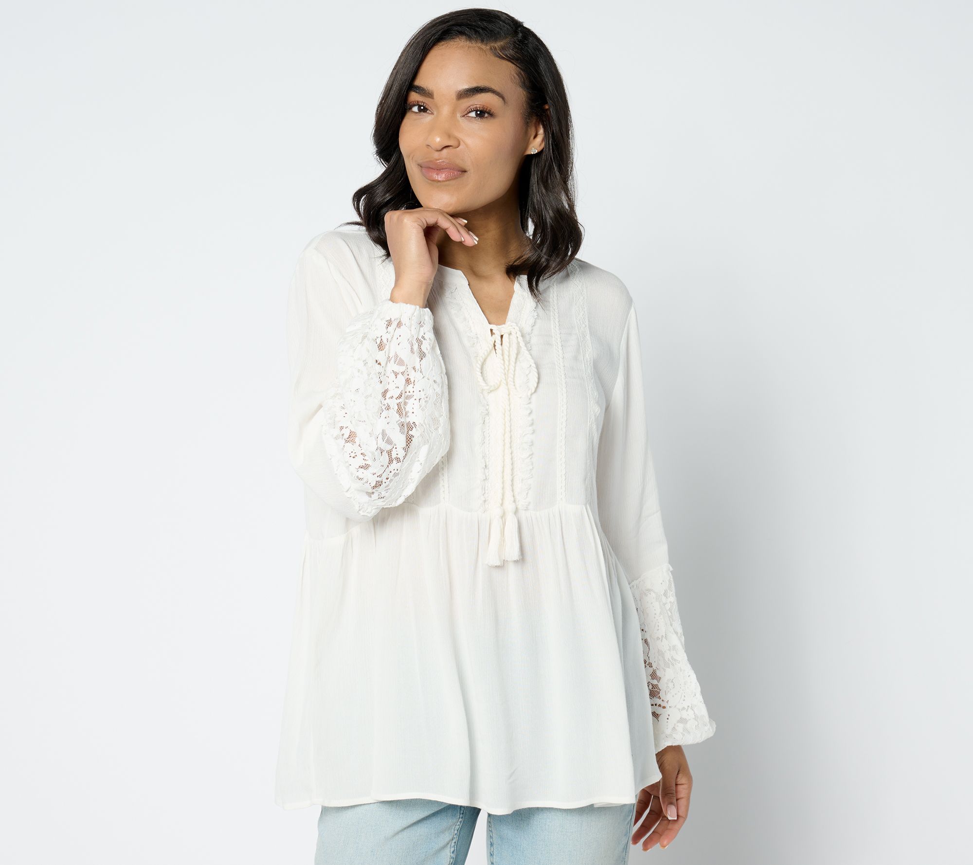 "As Is" Susan Graver Regular PURE Sheer Crinkled Gauze Lace Tunic