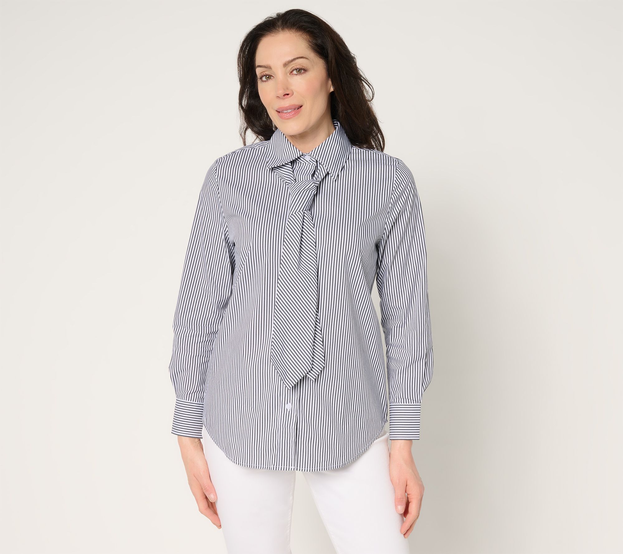 by Stacy London Striped Poplin Self Neck Tie Button Front Shirt