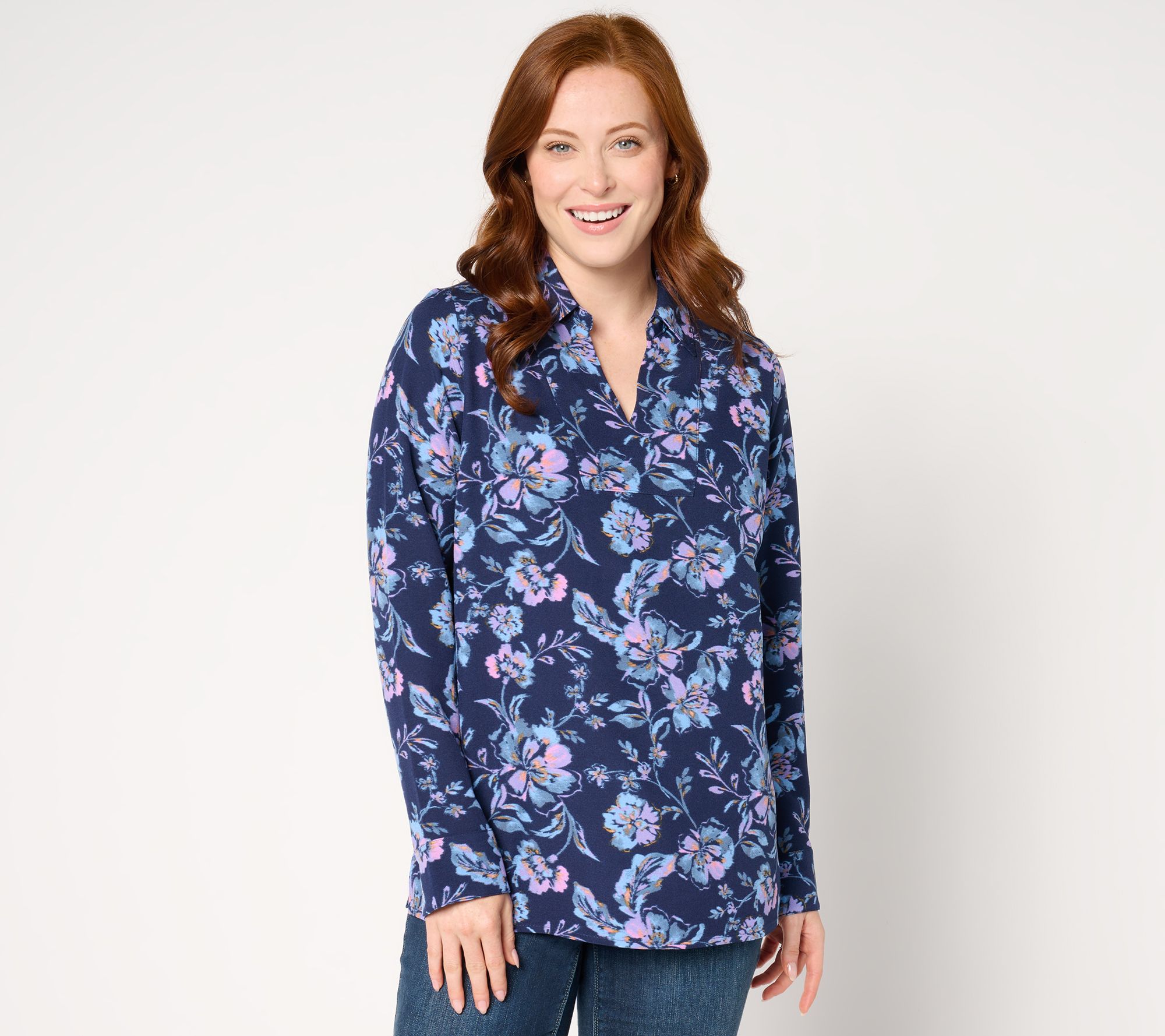 "As Is" Denim & Co. Regular Printed Split V-Neck Tunic