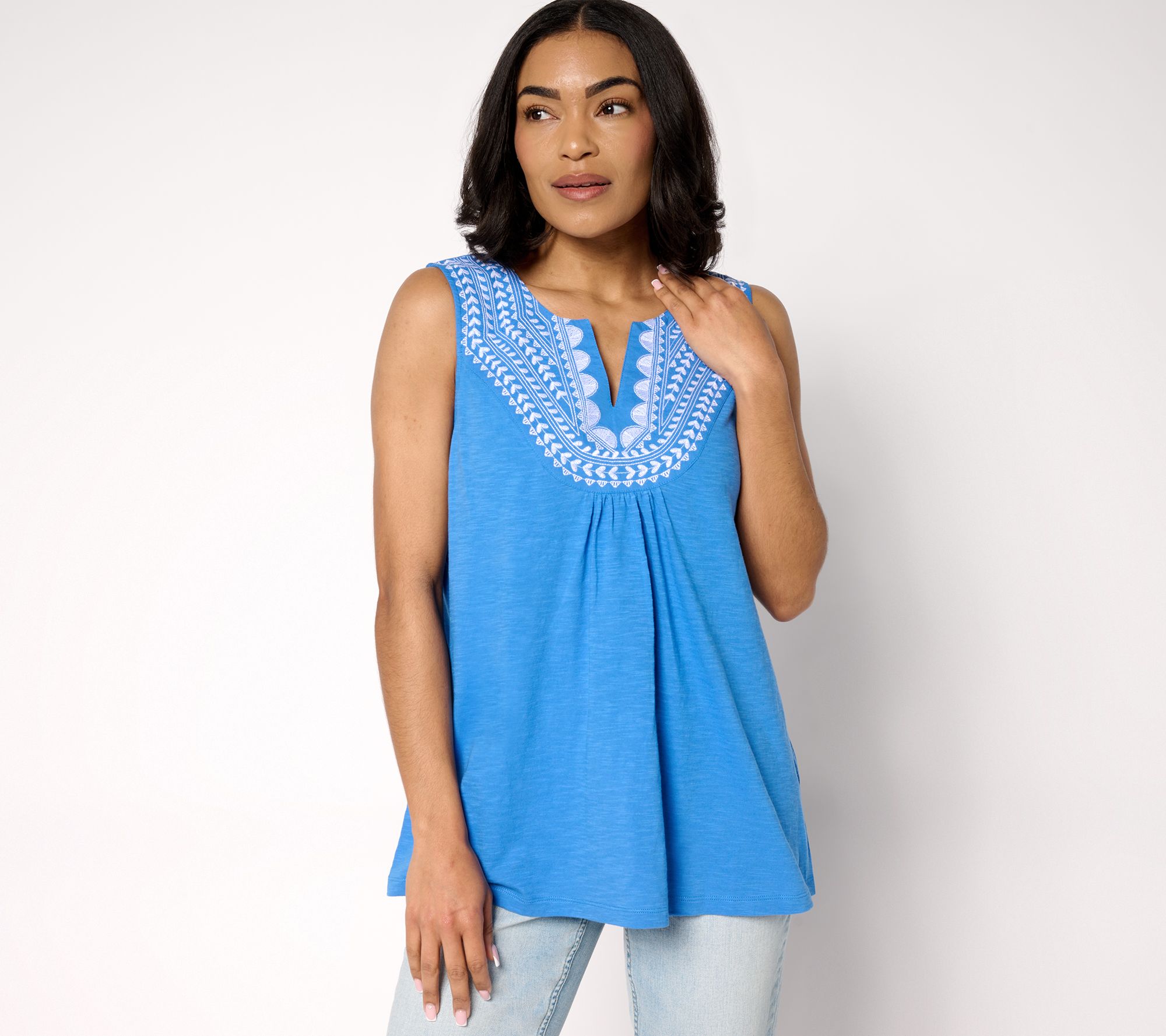Susan Graver Weekend Petite Embroidered Textured Cotton Sleeveless Top