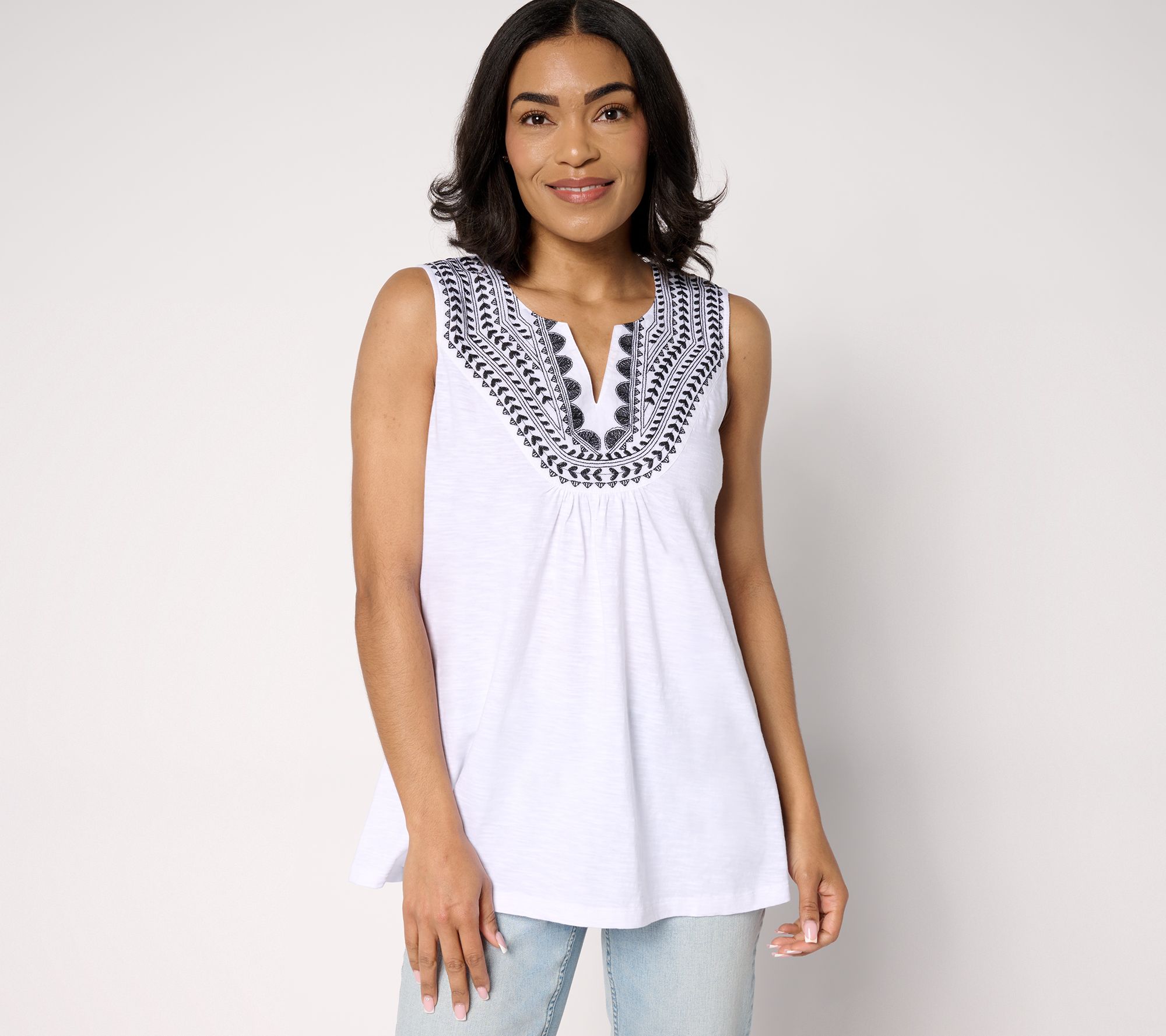 Susan Graver Weekend Petite Embroidered Textured Cotton Sleeveless Top