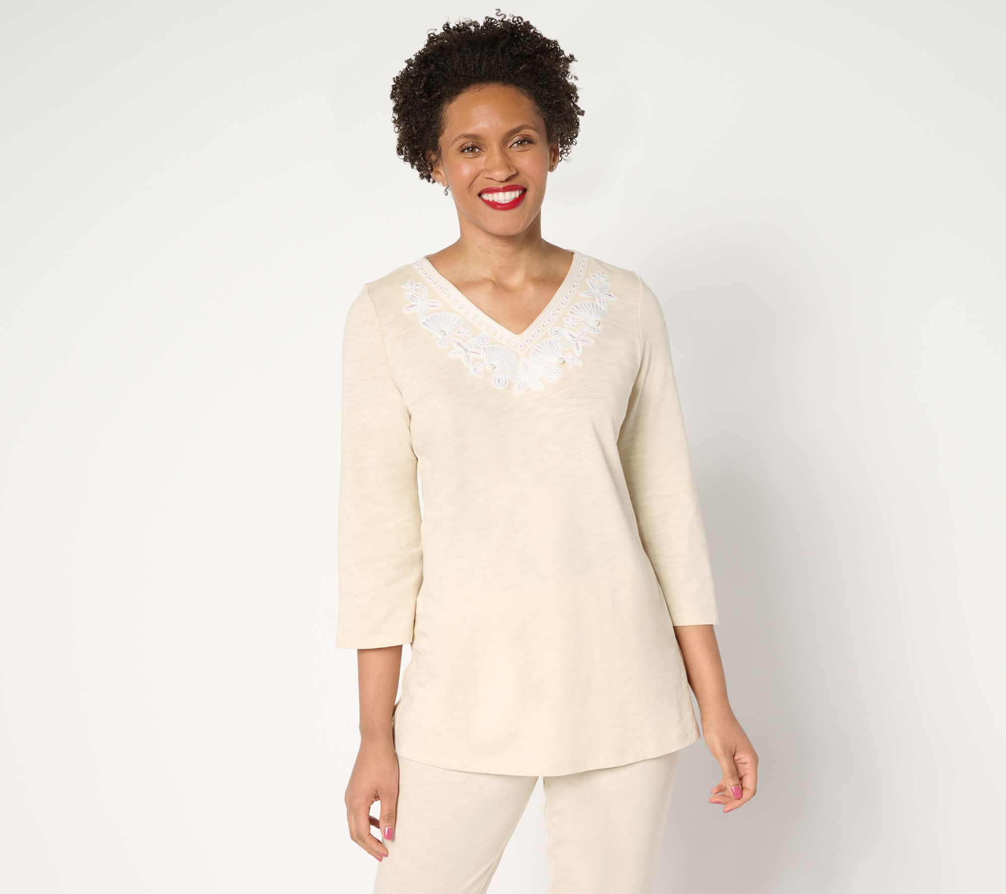 Quacker Factory Under the Sea Embroidered V-Neck Tunic Top