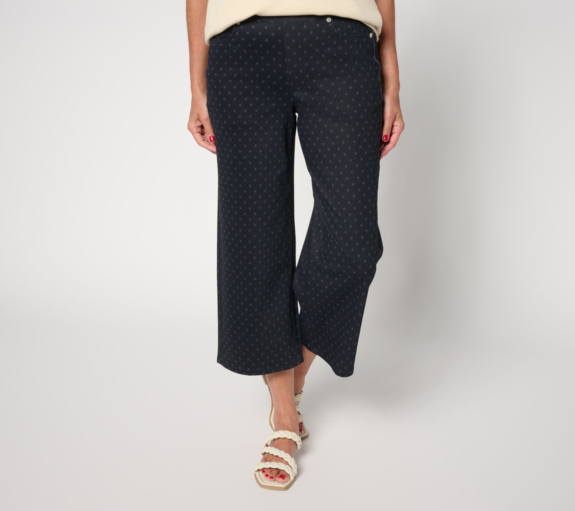 Denim & Co. Petite Comfy Knit Air Star Print Wide Leg Jeans