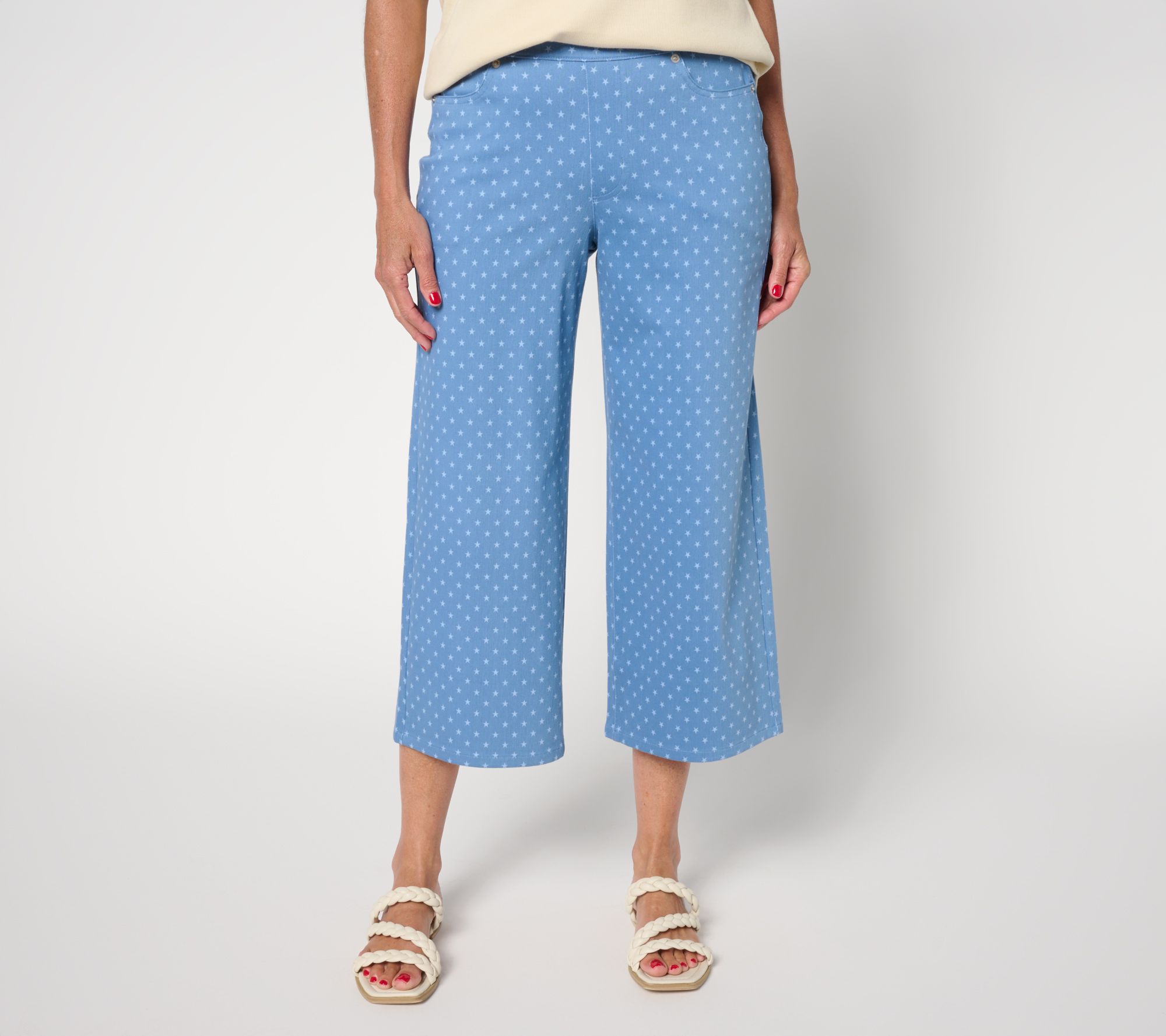 Denim & Co. Petite Comfy Knit Air Star Print Wide Leg Jeans