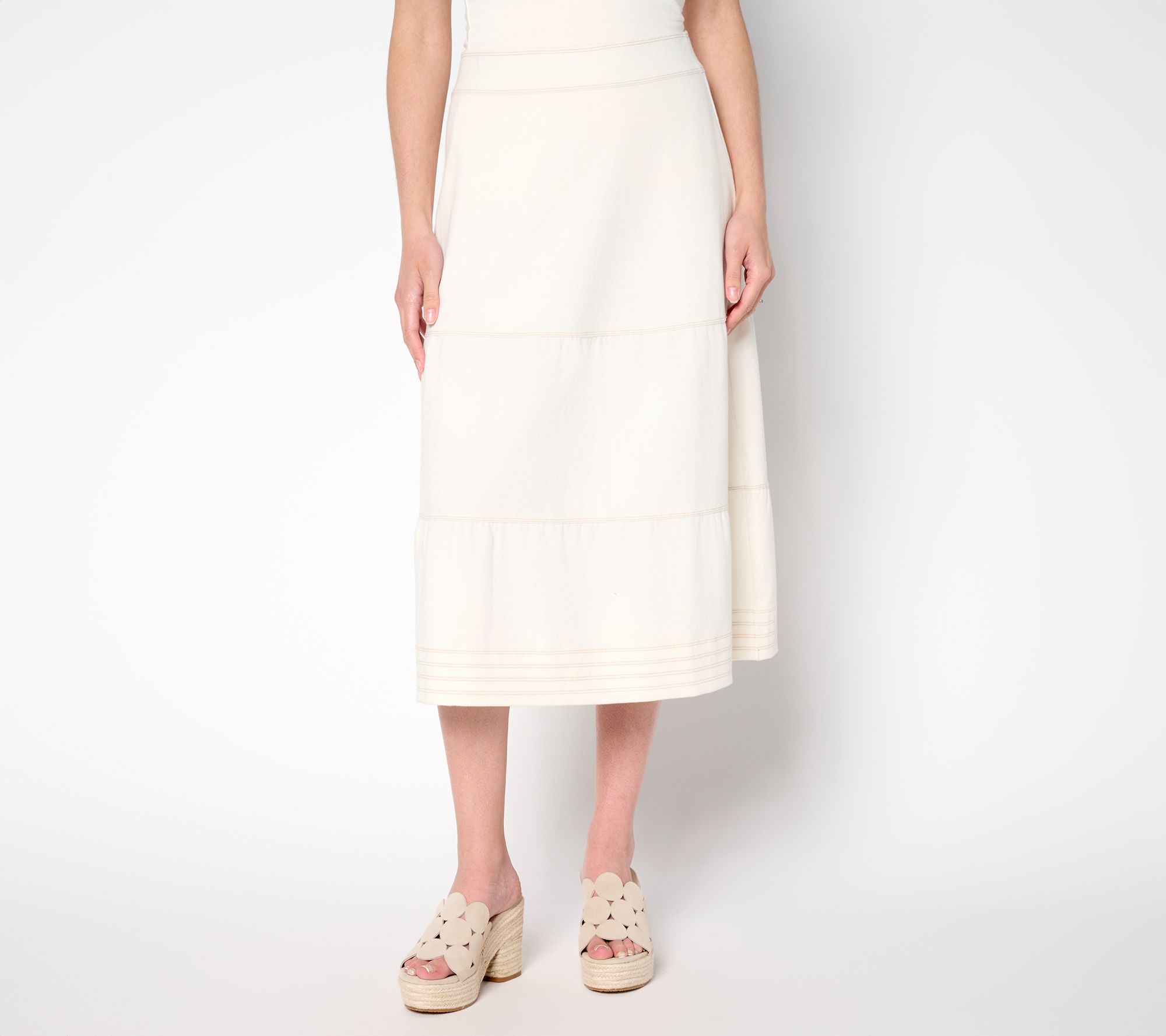 Susan Graver Cool Touch Denim Petite Pull-On Tiered Midi Skirt