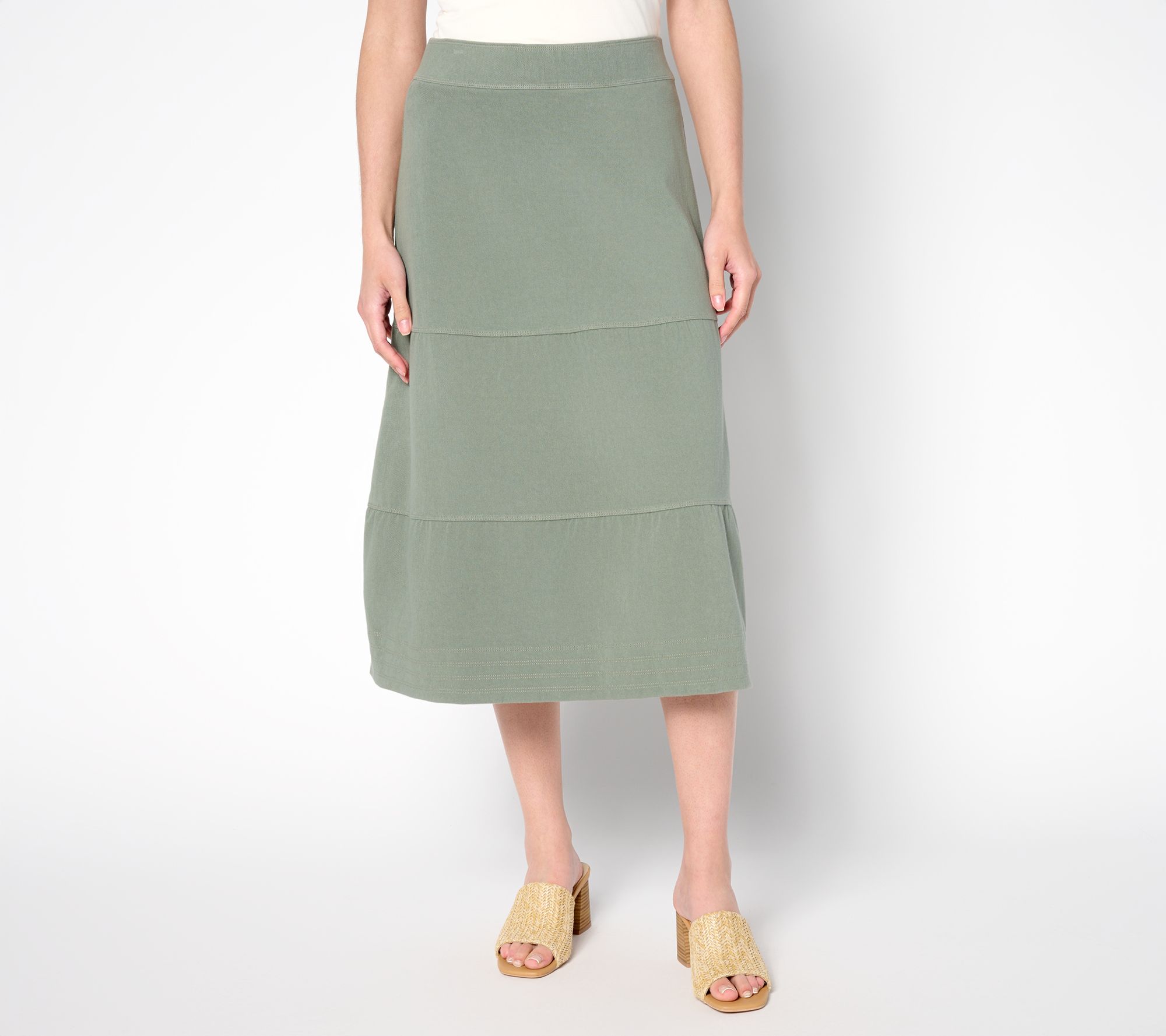 Susan Graver Cool Touch Denim Petite Pull-On Tiered Midi Skirt