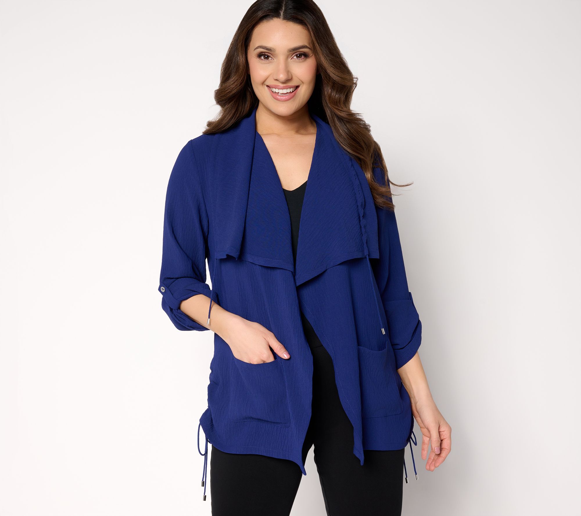 Susan Graver Regular Crinkled Woven Drape Front Cardigan