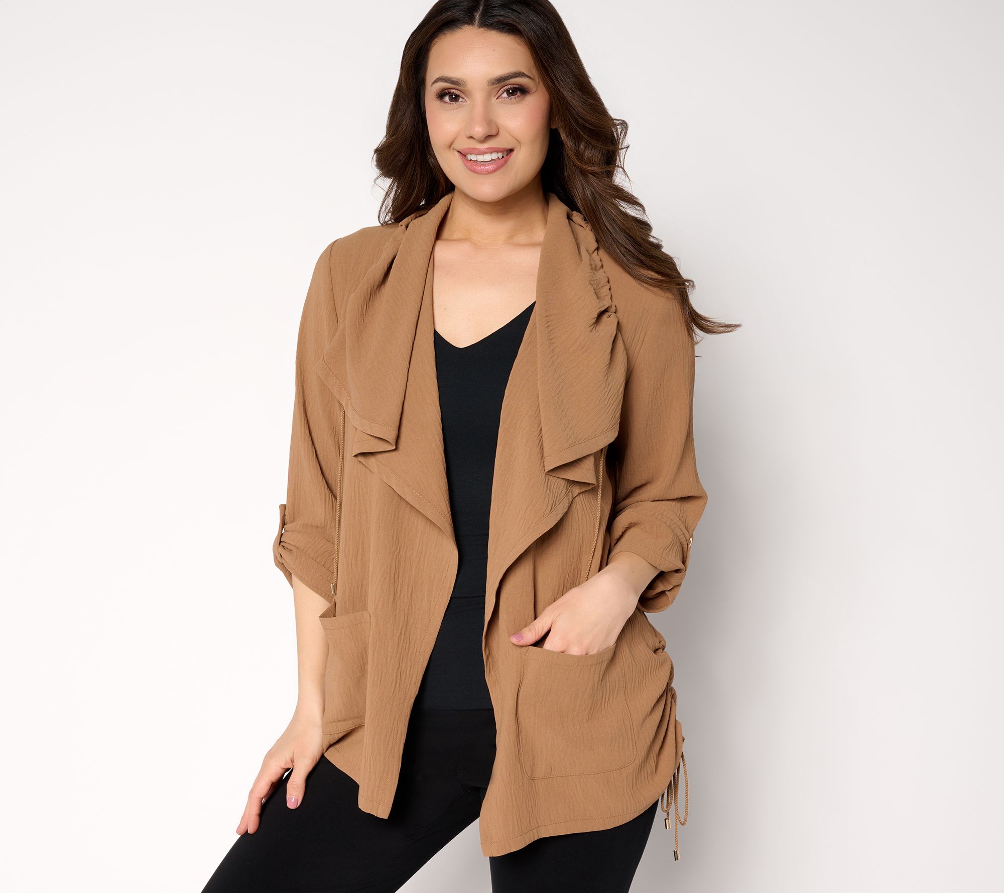 Susan Graver Regular Crinkled Woven Drape Front Cardigan