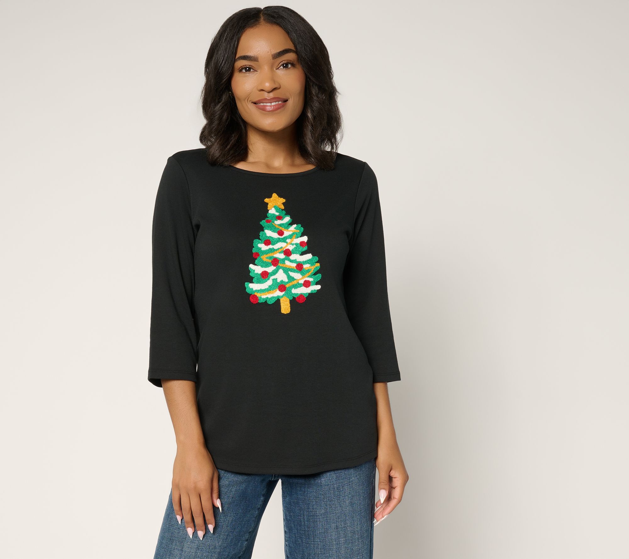 Quacker Factory Punch Needle 3/4 Sleeve Christmas Tree Top
