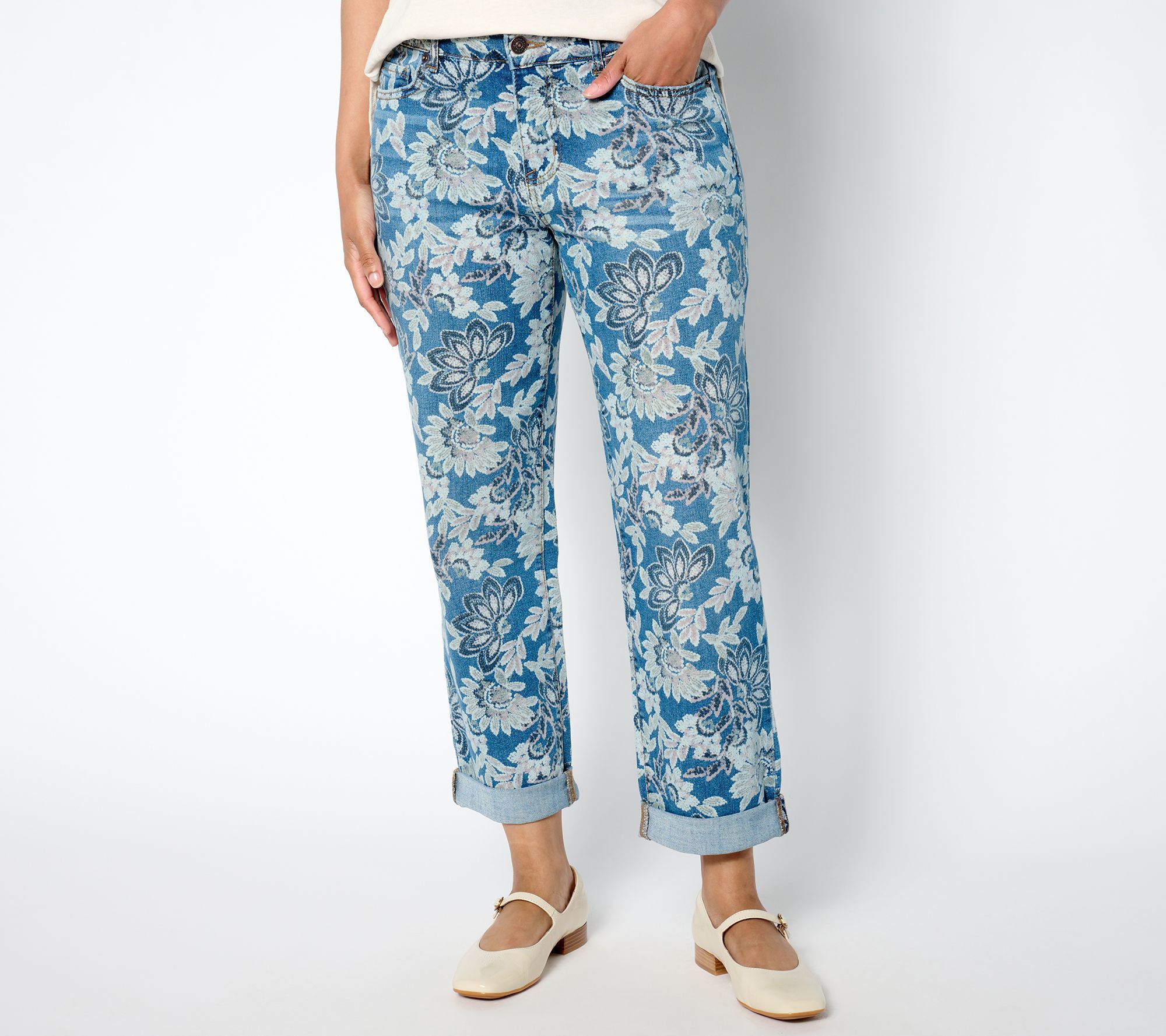 "As Is" LOGO by Lori Goldstein Petite Printed Denim Boyfriend Jeans