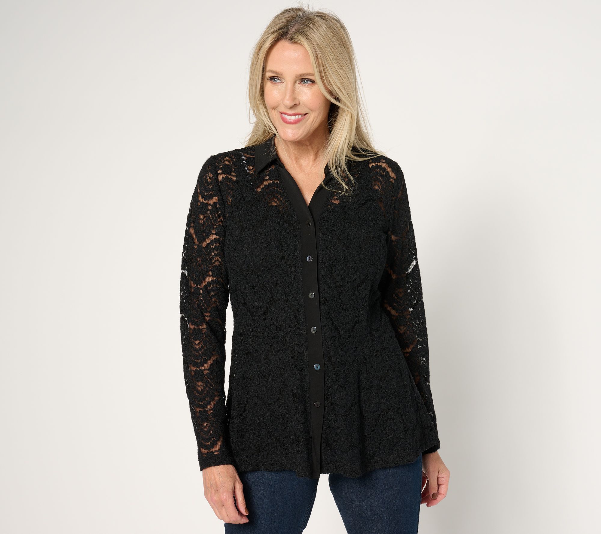 "As Is" Susan Graver Occasion Brushed Lace Button Front Top & Cami Set