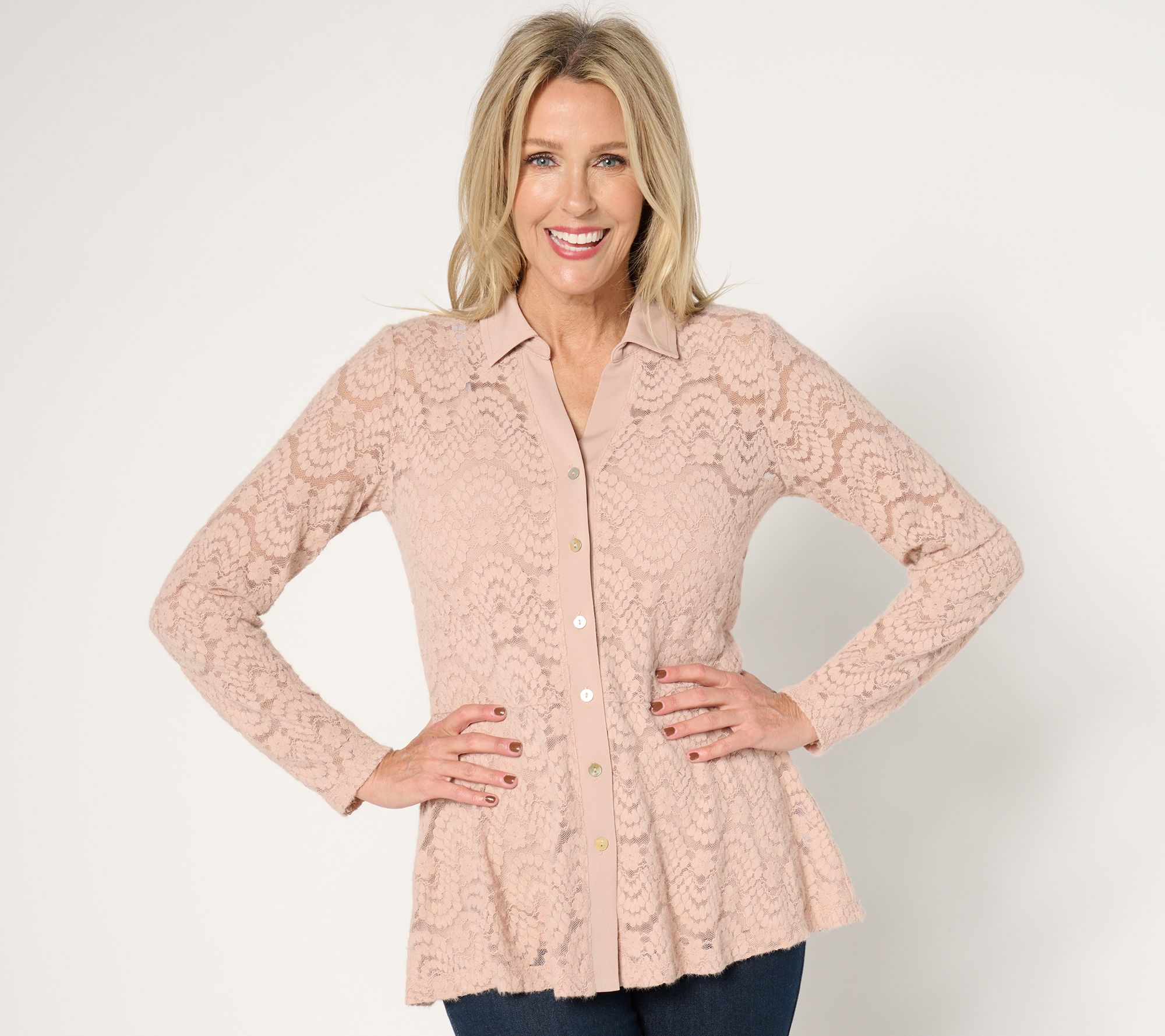 "As Is" Susan Graver Occasion Brushed Lace Button Front Top & Cami Set