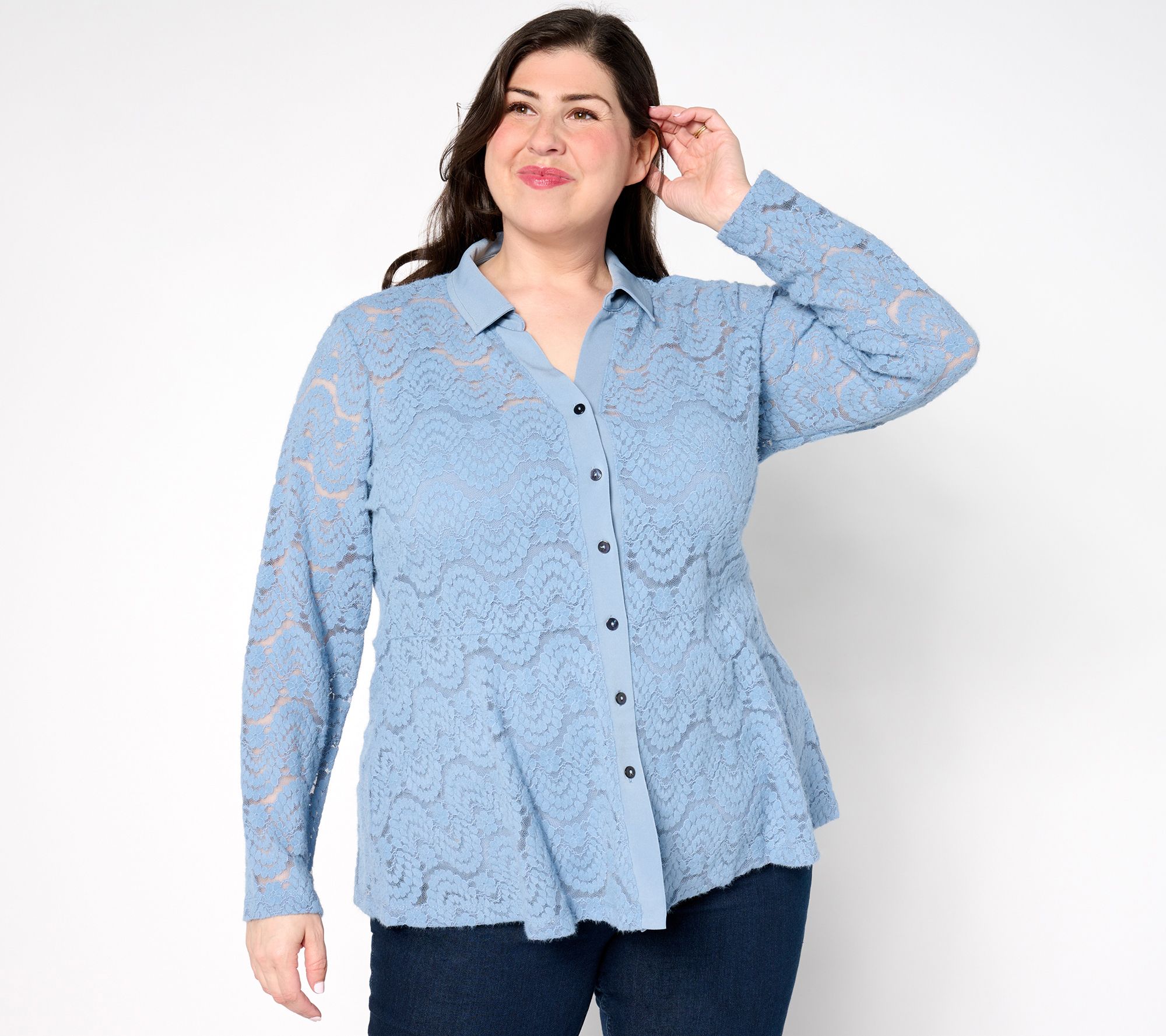 "As Is" Susan Graver Occasion Brushed Lace Button Front Top & Cami Set