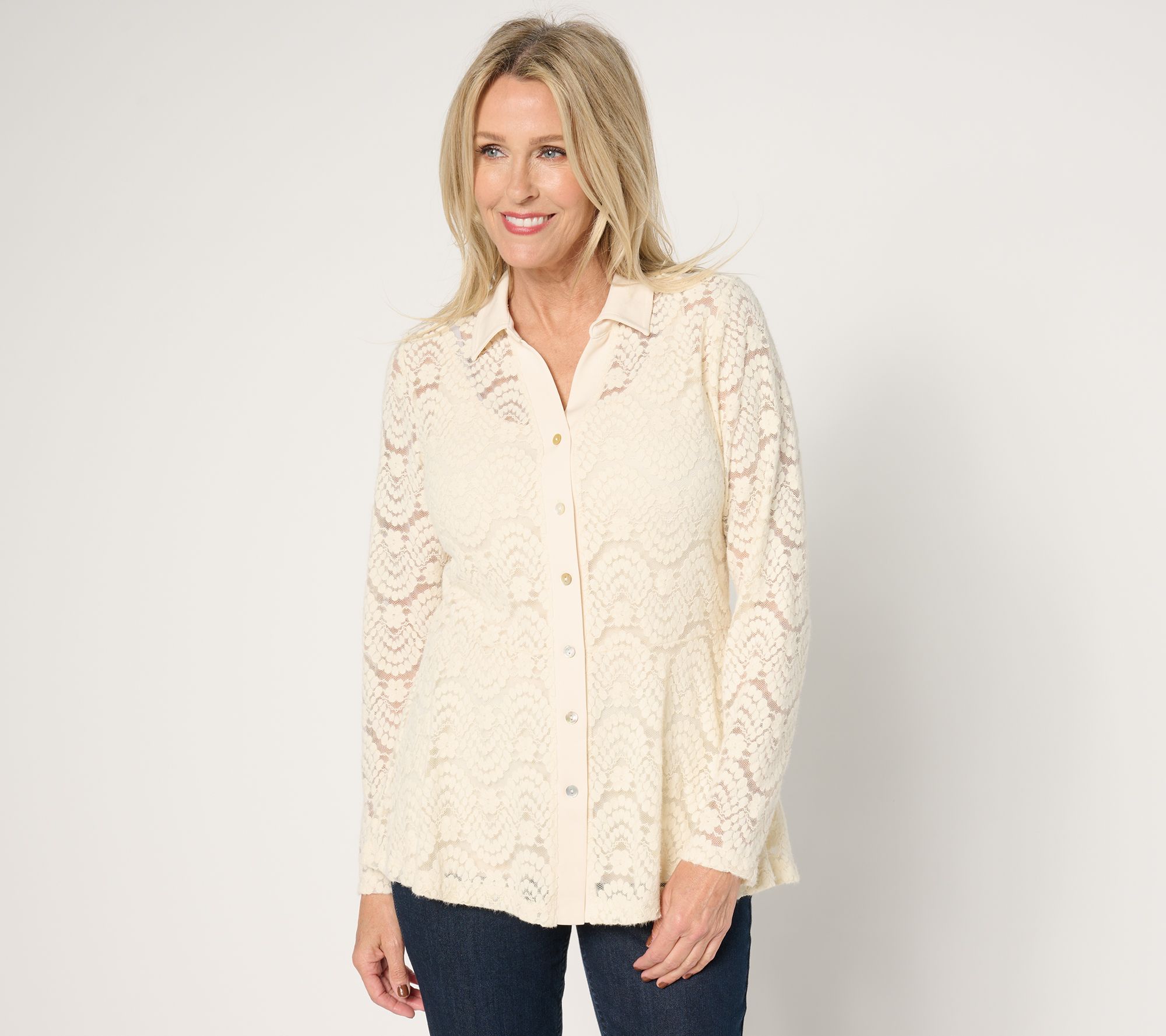 "As Is" Susan Graver Occasion Brushed Lace Button Front Top & Cami Set