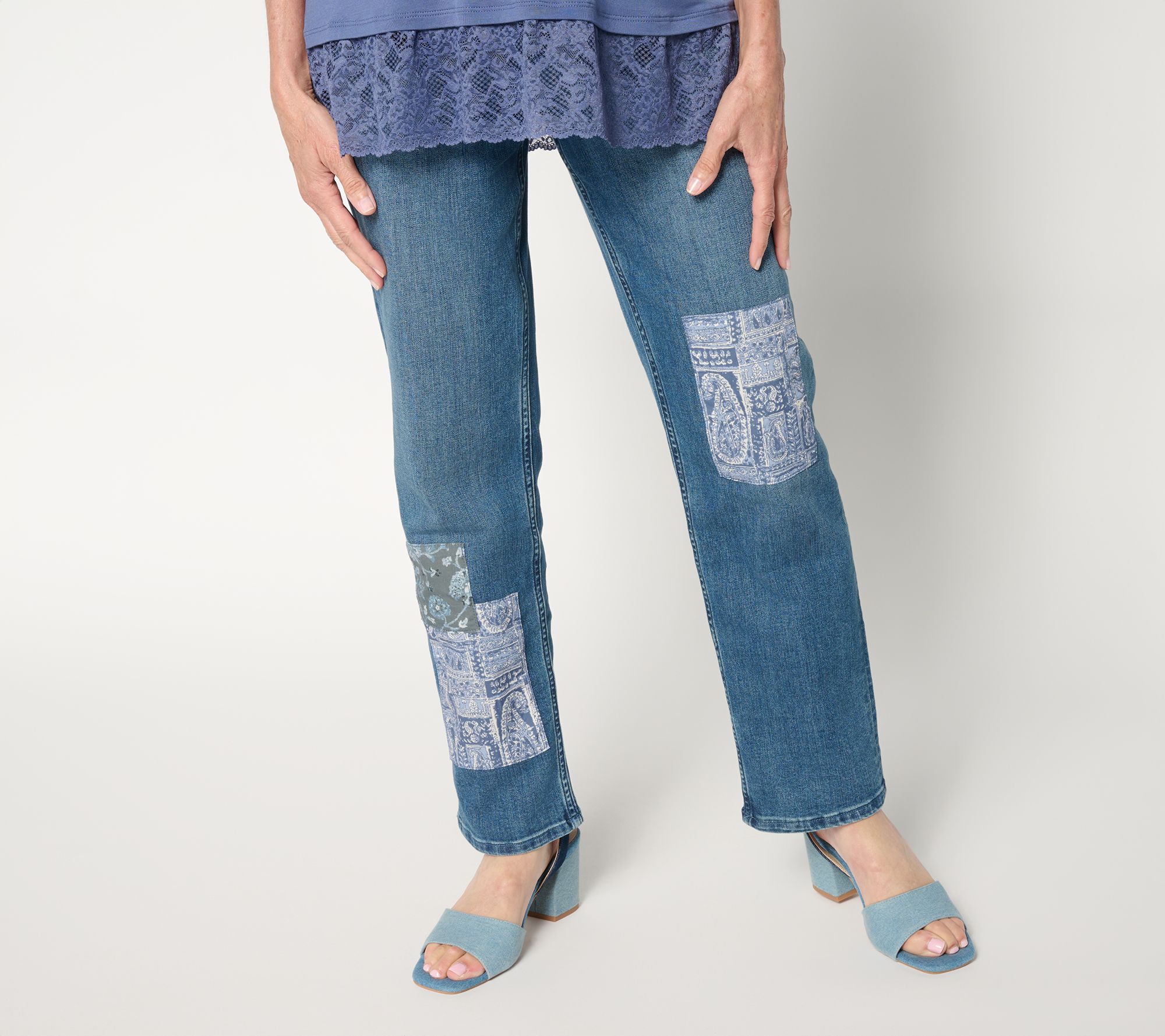 LOGO by Lori Goldstein Petite Indigo Patchwork Ankle Jeans