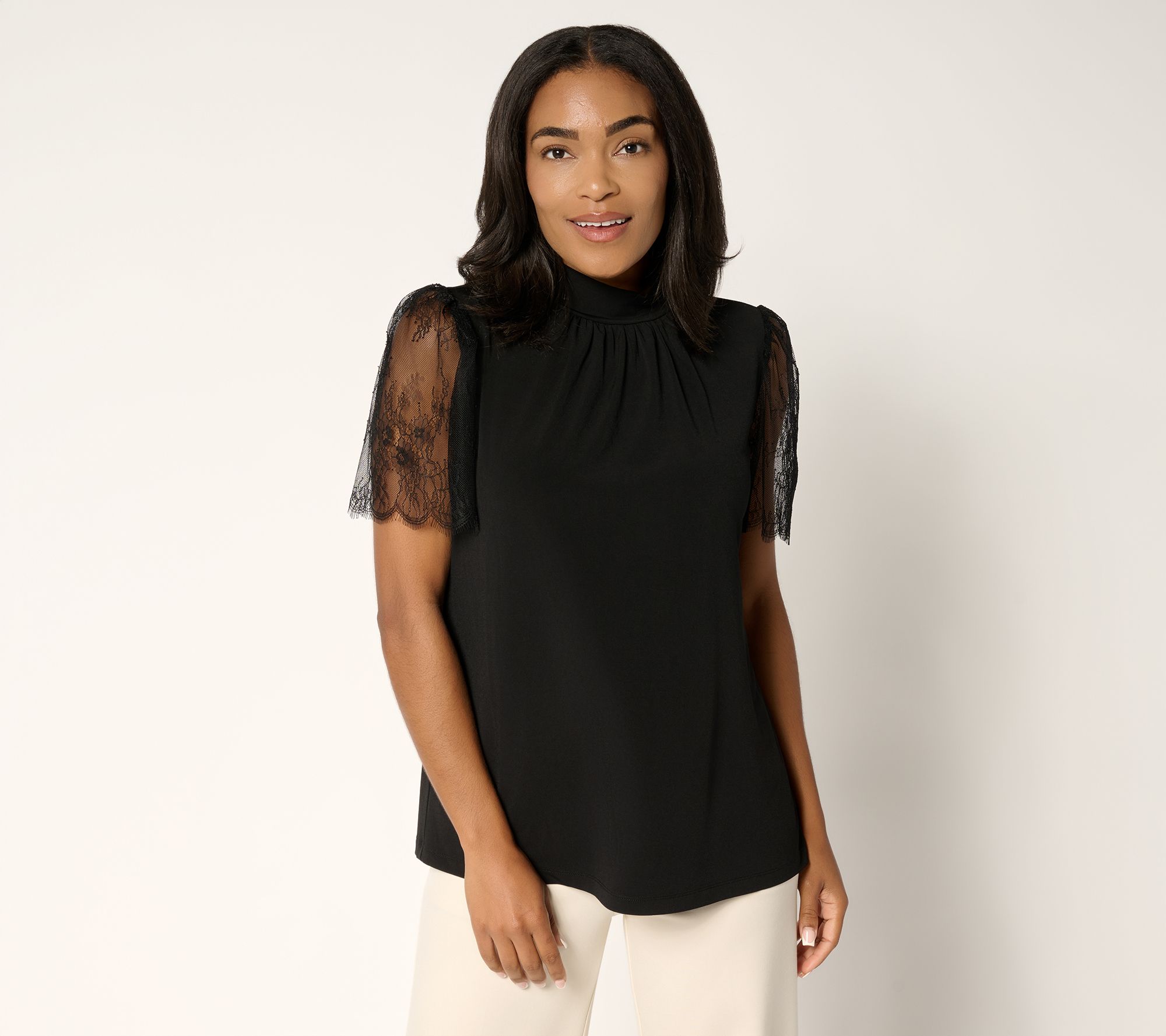 Susan Graver Occasions Liquid Knit Mock Neck Top w/ Lace Sleeves