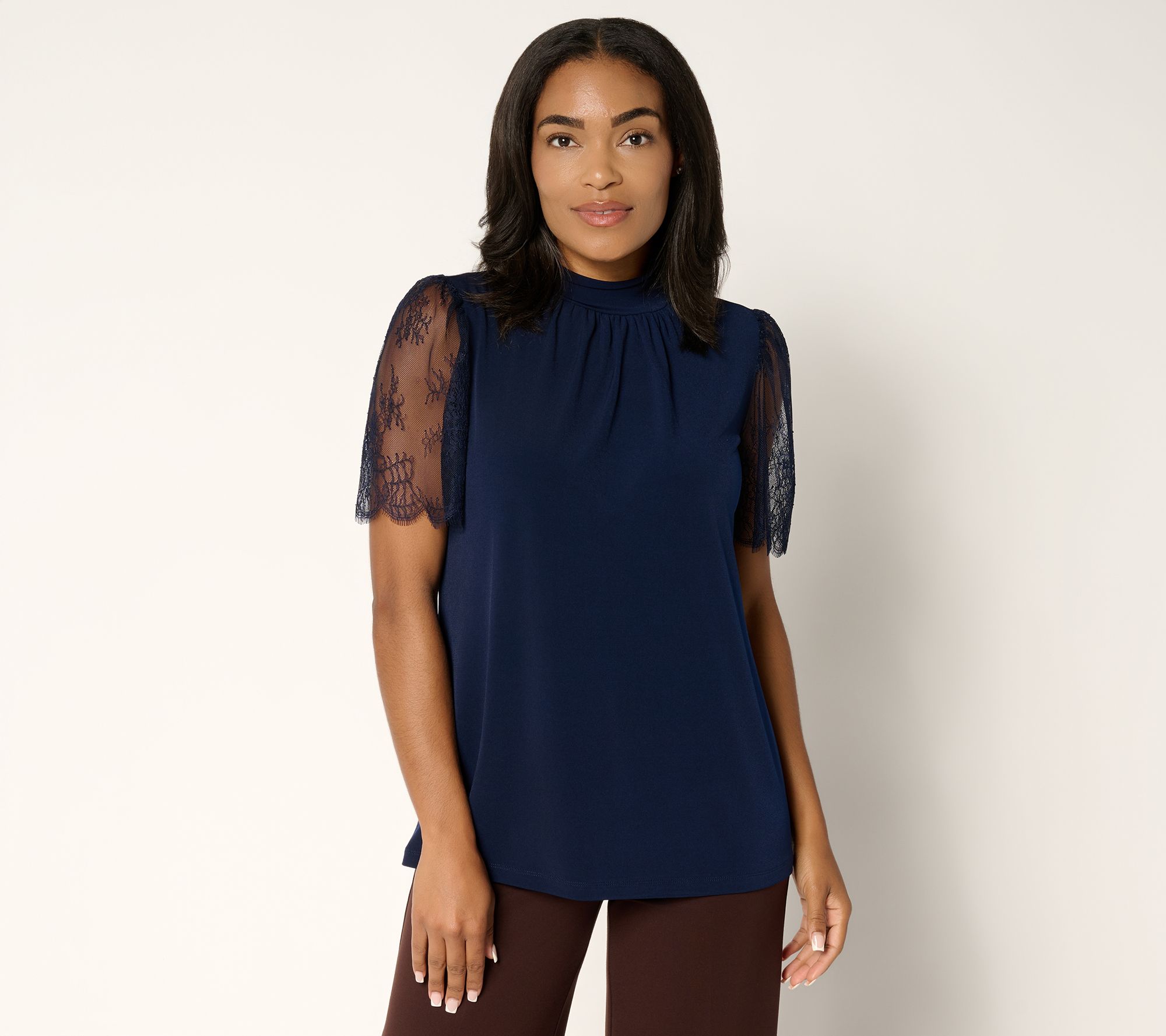 Susan Graver Occasions Liquid Knit Mock Neck Top w/ Lace Sleeves