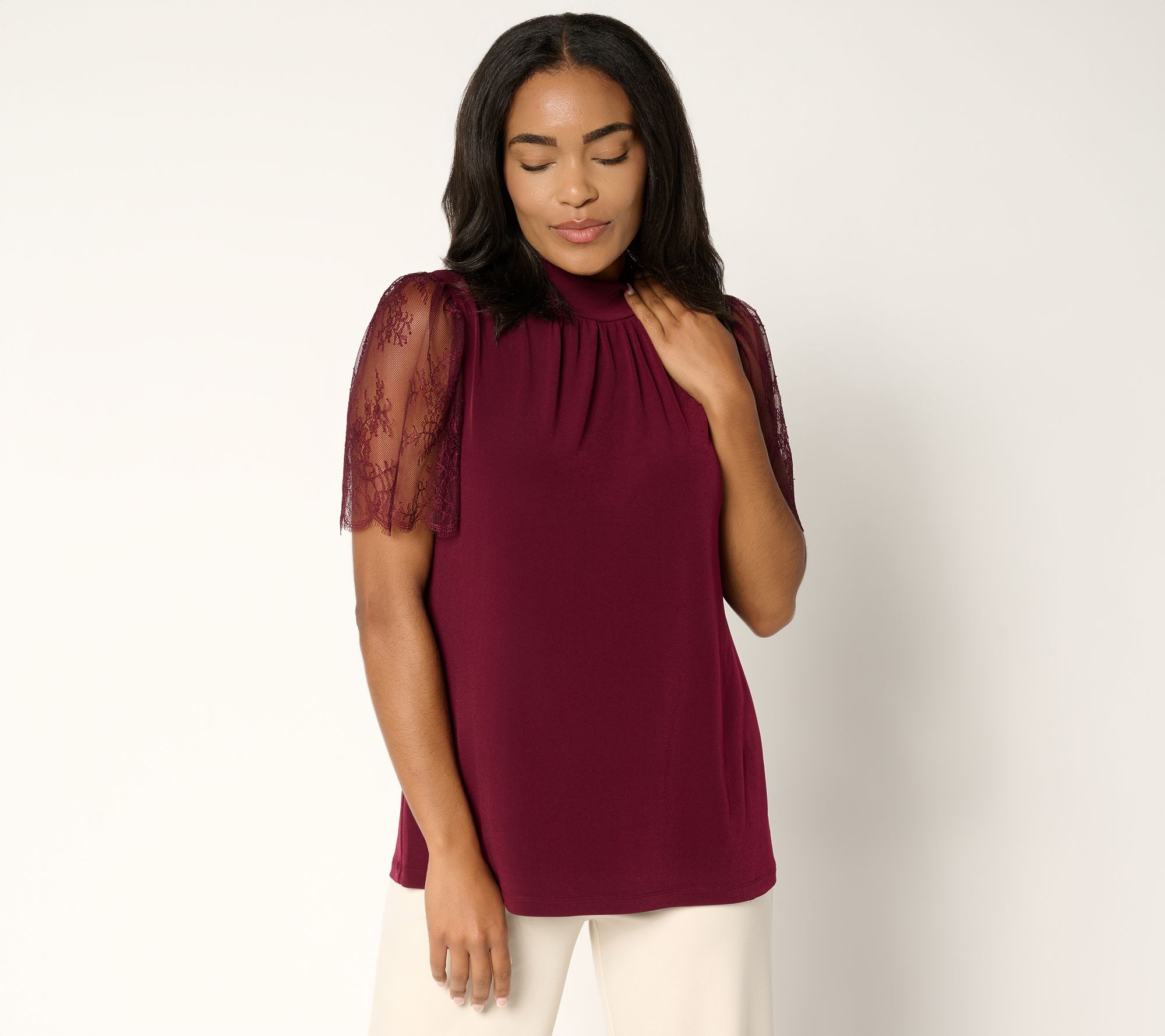 Susan Graver Occasions Liquid Knit Mock Neck Top w/ Lace Sleeves