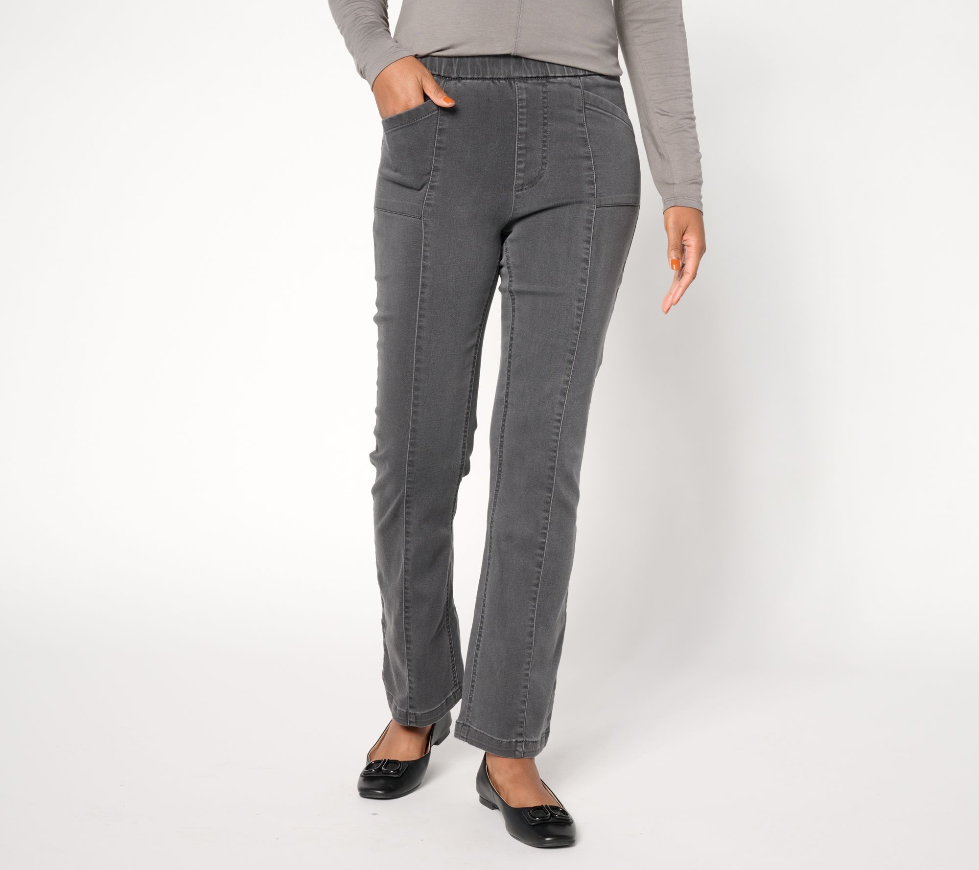 Susan Graver Regular Soft Stretch Boot Cut Jeans - Black/Grey