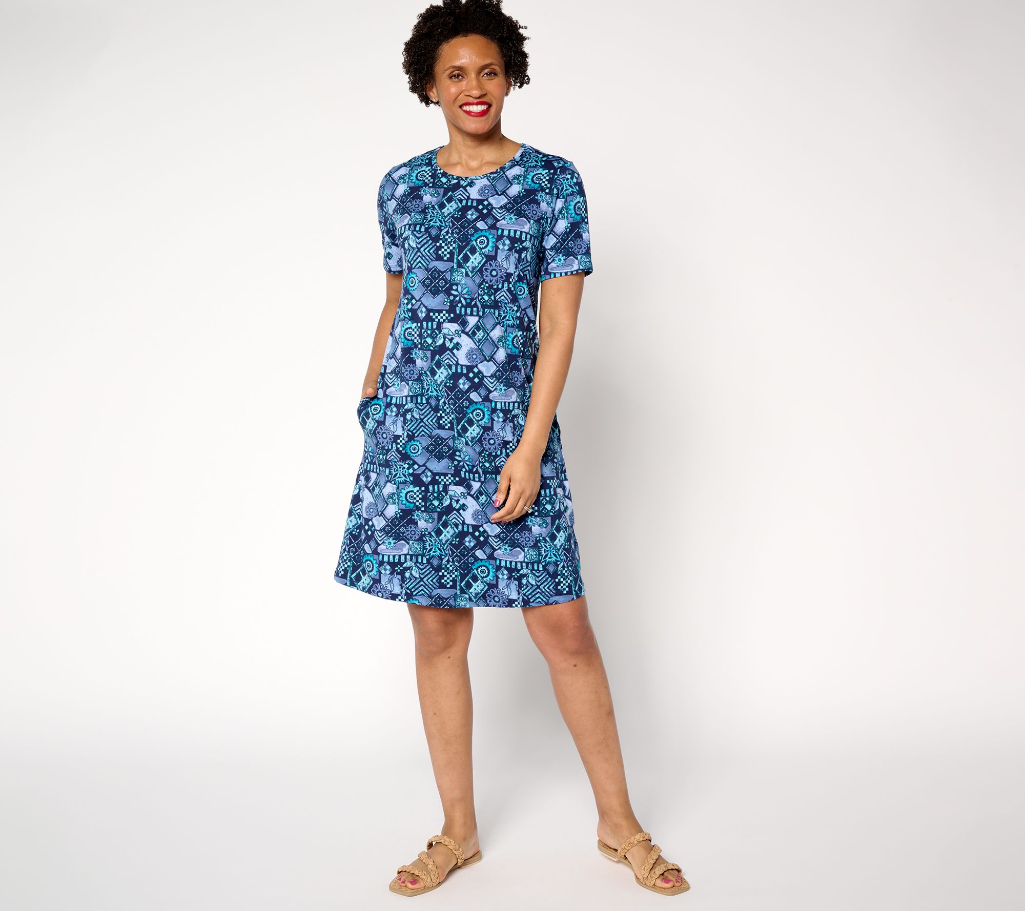 "As Is" Denim & Co. Petite Favorite Jersey Knee Length Printed Dress