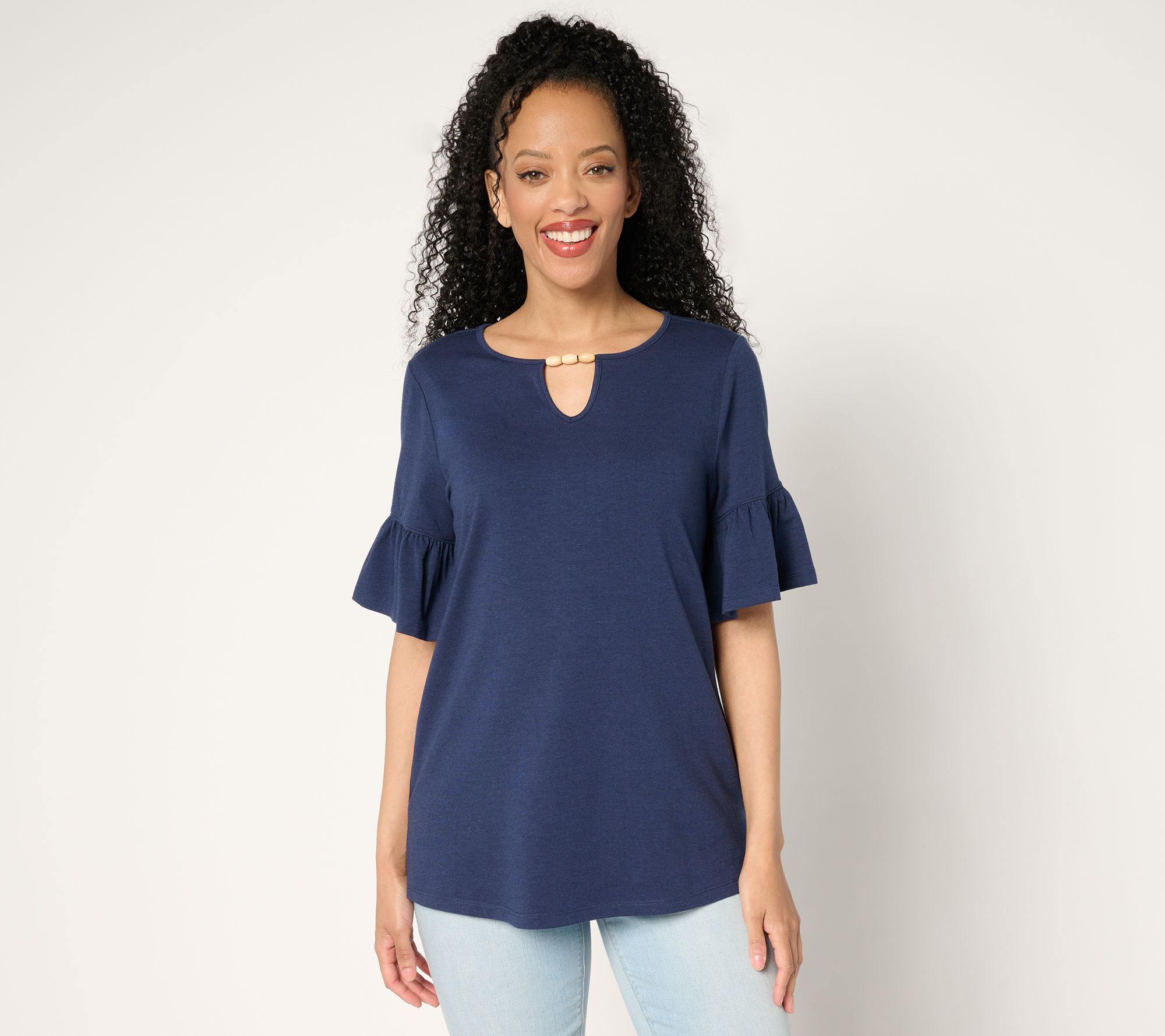 "As Is" Denim & Co. Favorite Jersey Flutter Sleeve Beaded Keyhole Top