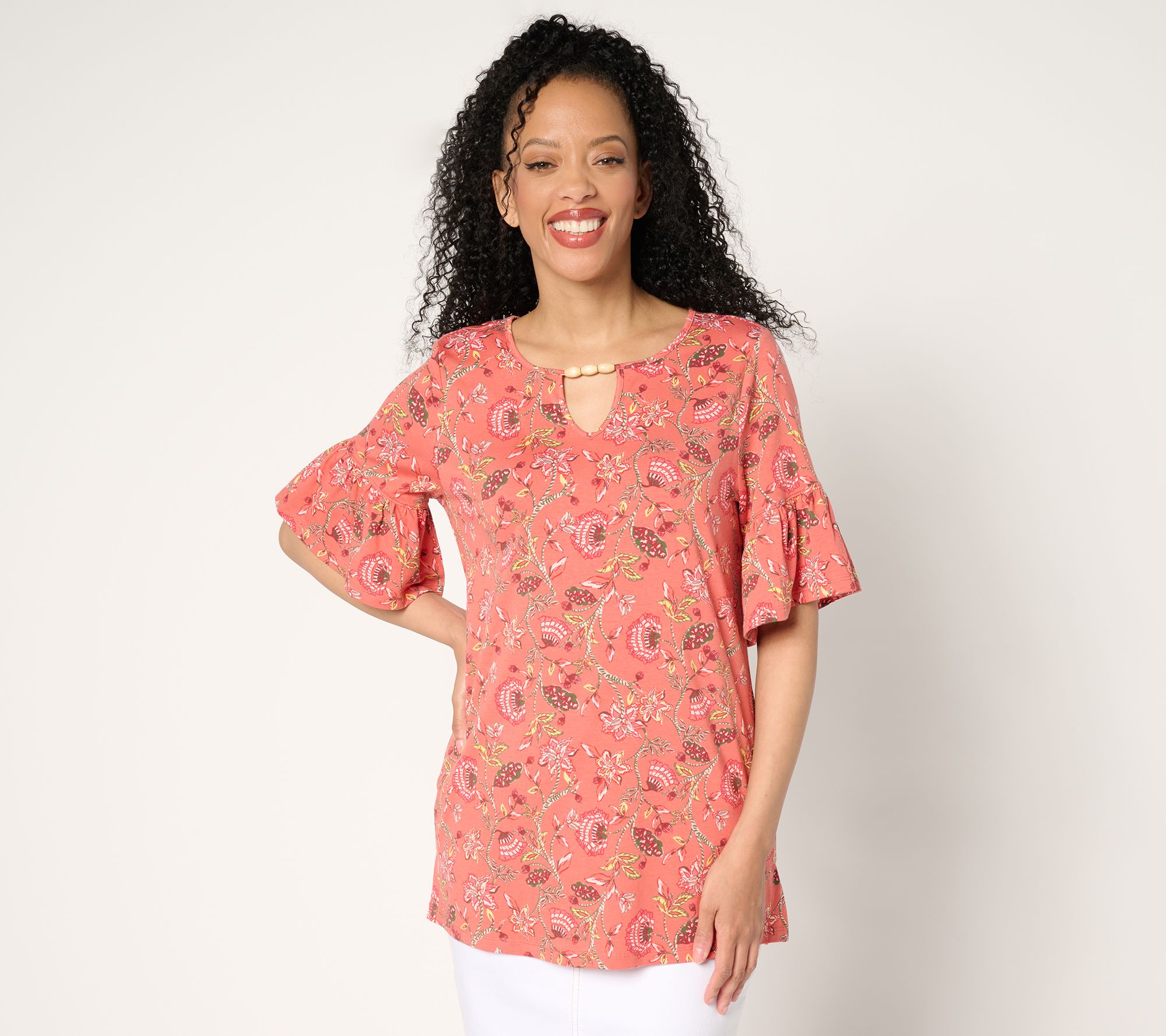 "As Is" Denim & Co. Favorite Jersey Flutter Sleeve Beaded Keyhole Top