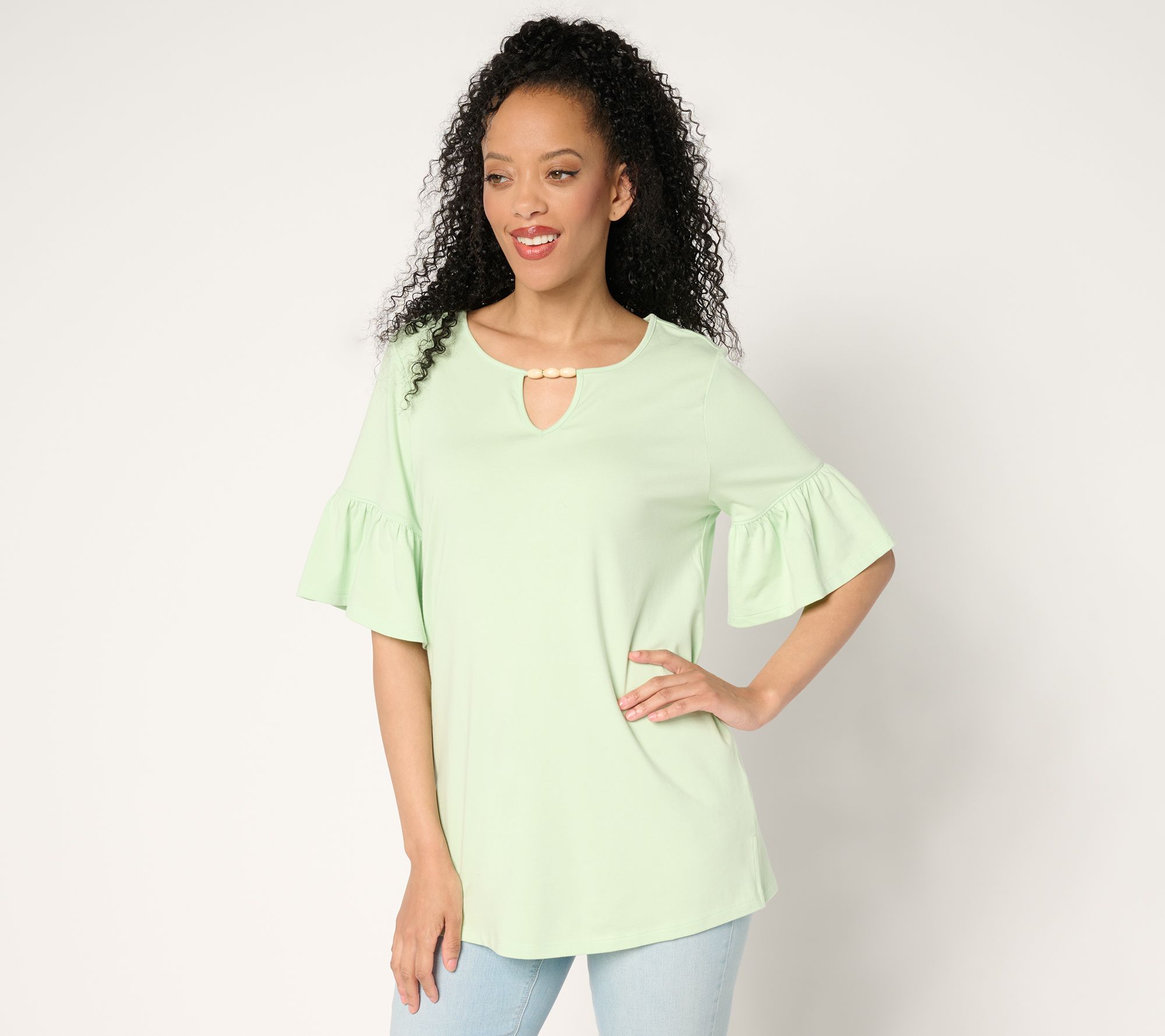 "As Is" Denim & Co. Favorite Jersey Flutter Sleeve Beaded Keyhole Top