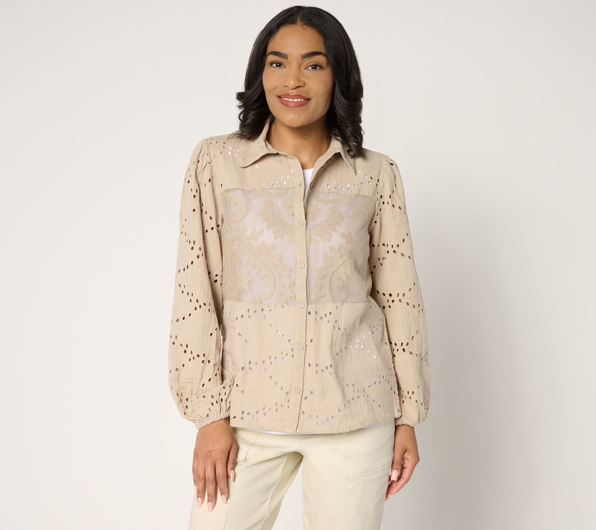 "As Is" LOGO Lavish by Lori Goldstein 100% Cotton Eyelet Shirt