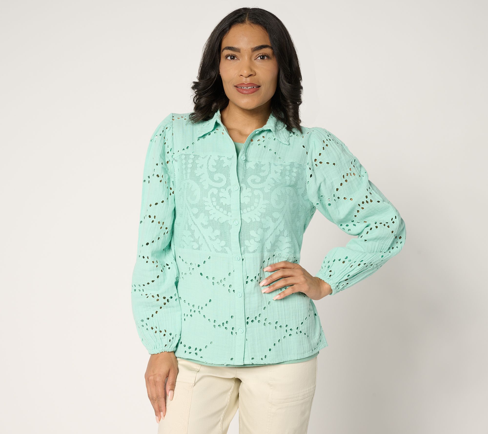 "As Is" LOGO Lavish by Lori Goldstein 100% Cotton Eyelet Shirt