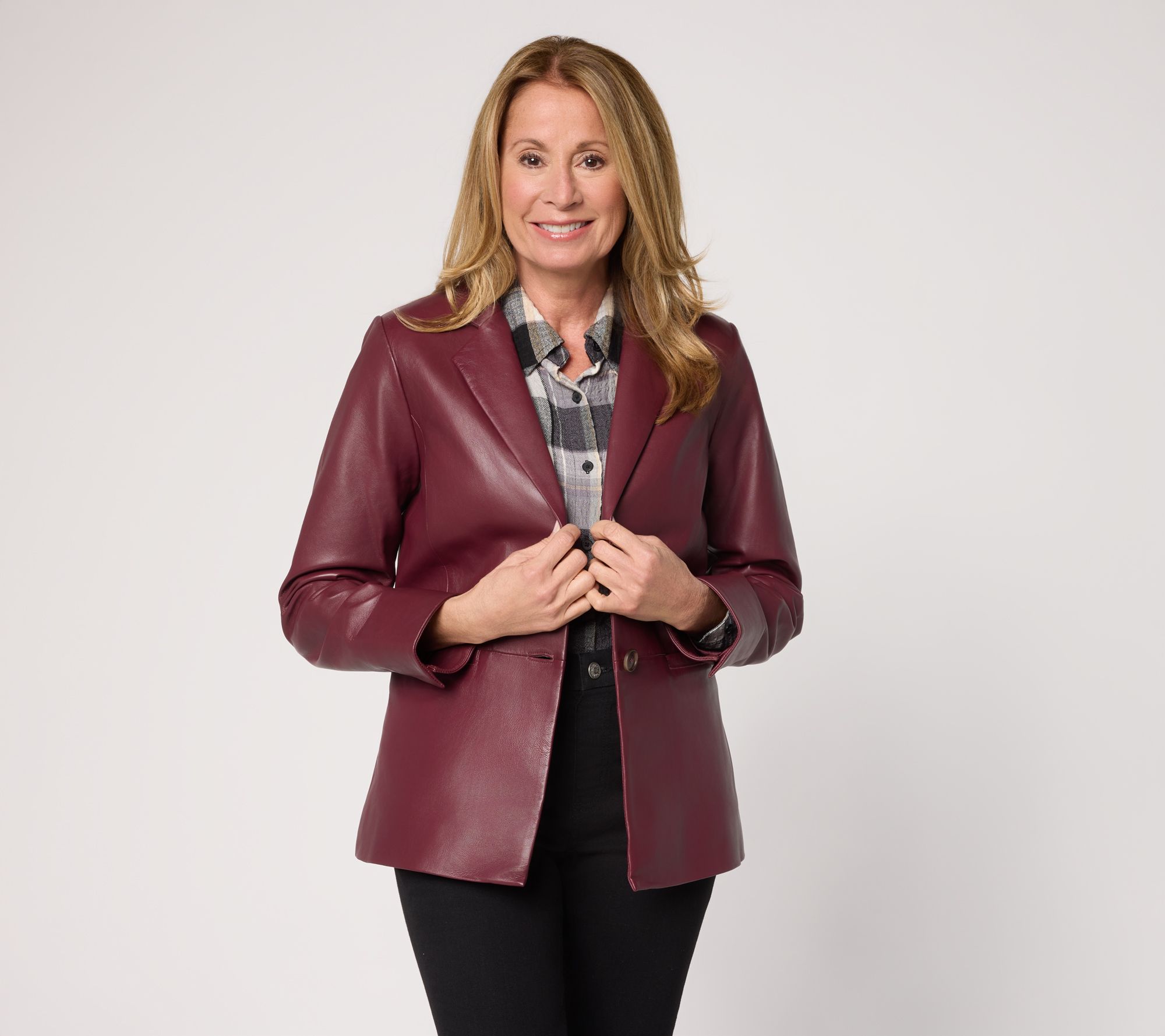 Denim & Co. Petite Lamb Leather Two Button Blazer