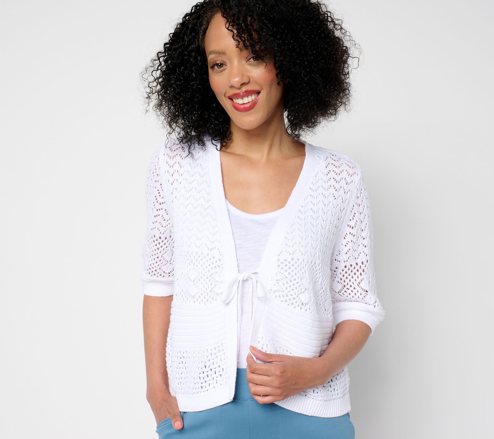 "As Is" Denim & Co. 100% Cotton Pointelle Elbow Sleeve Tie Cardigan