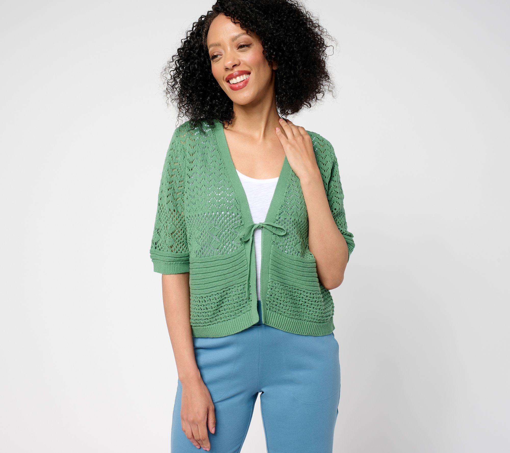 "As Is" Denim & Co. 100% Cotton Pointelle Elbow Sleeve Tie Cardigan