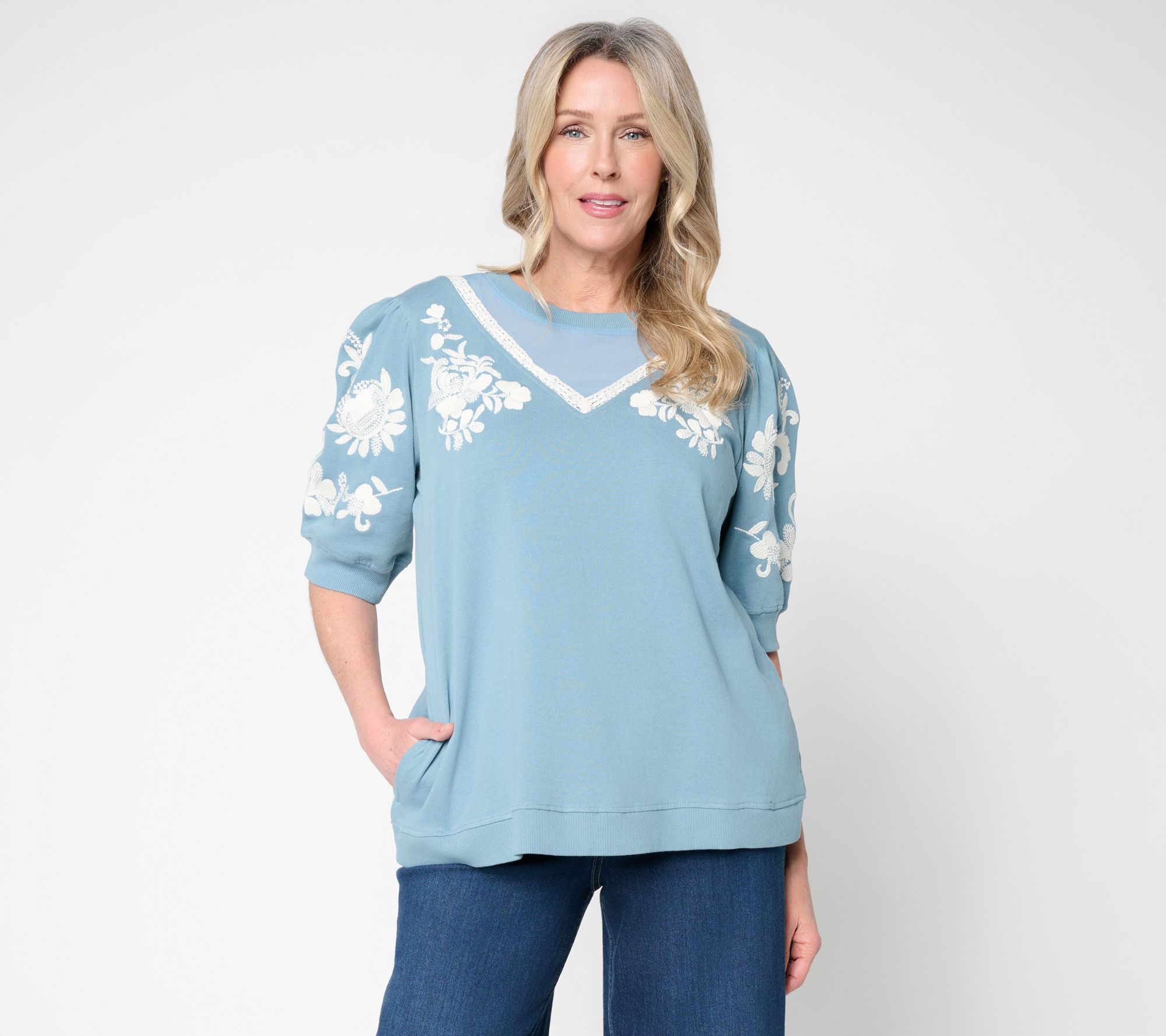 LOGO Lavish by Lori Goldstein Embroidered Short Sleeve Sweatshirt