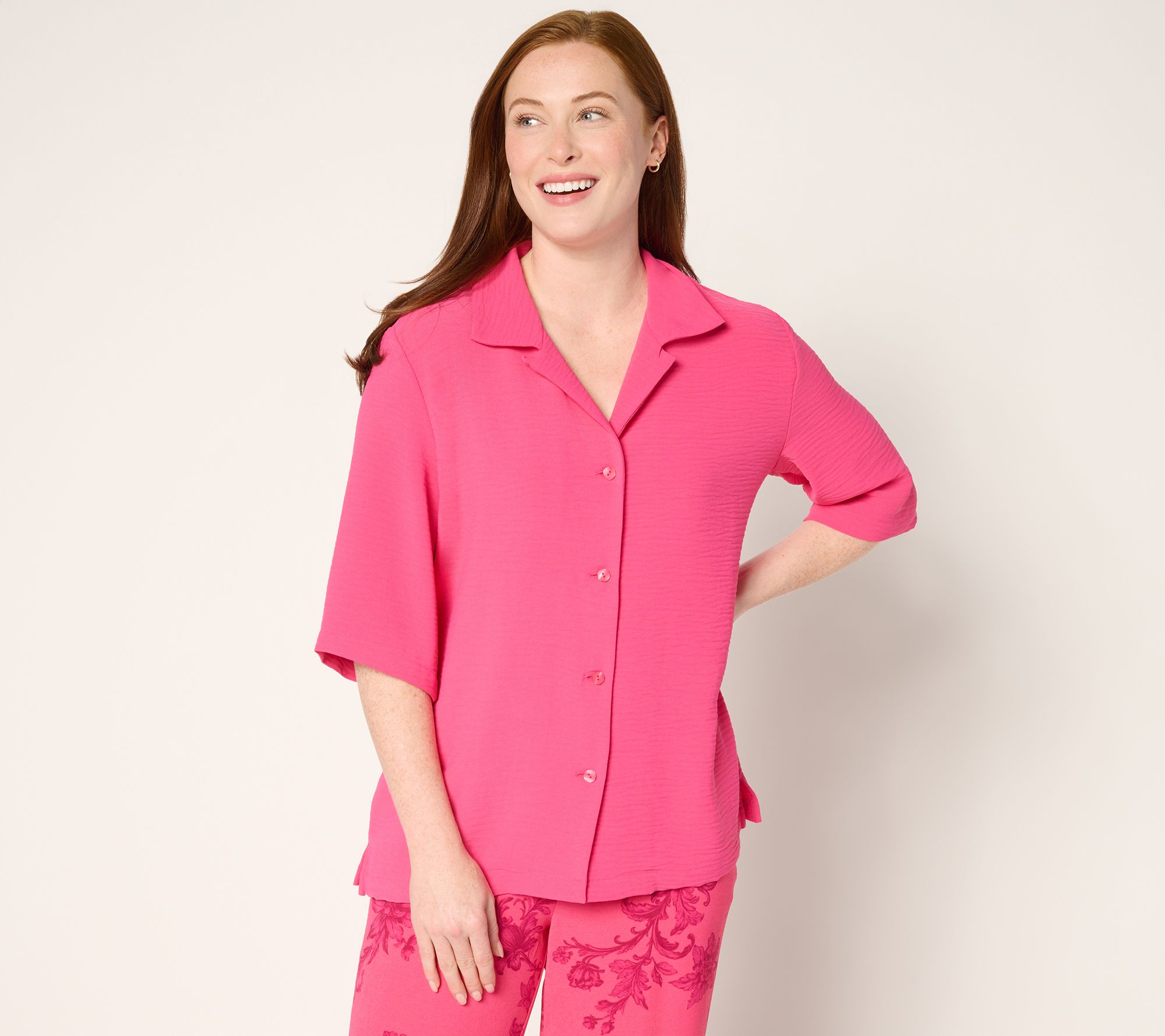 "As Is" Women with Control Woven Button Front Cabana Shirt